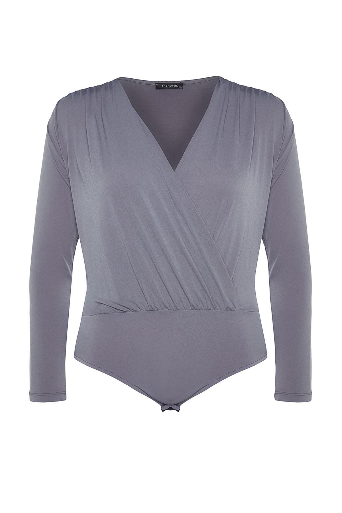 Gray V-Neck Slim Plus Size Bodysuit, , large image number 5