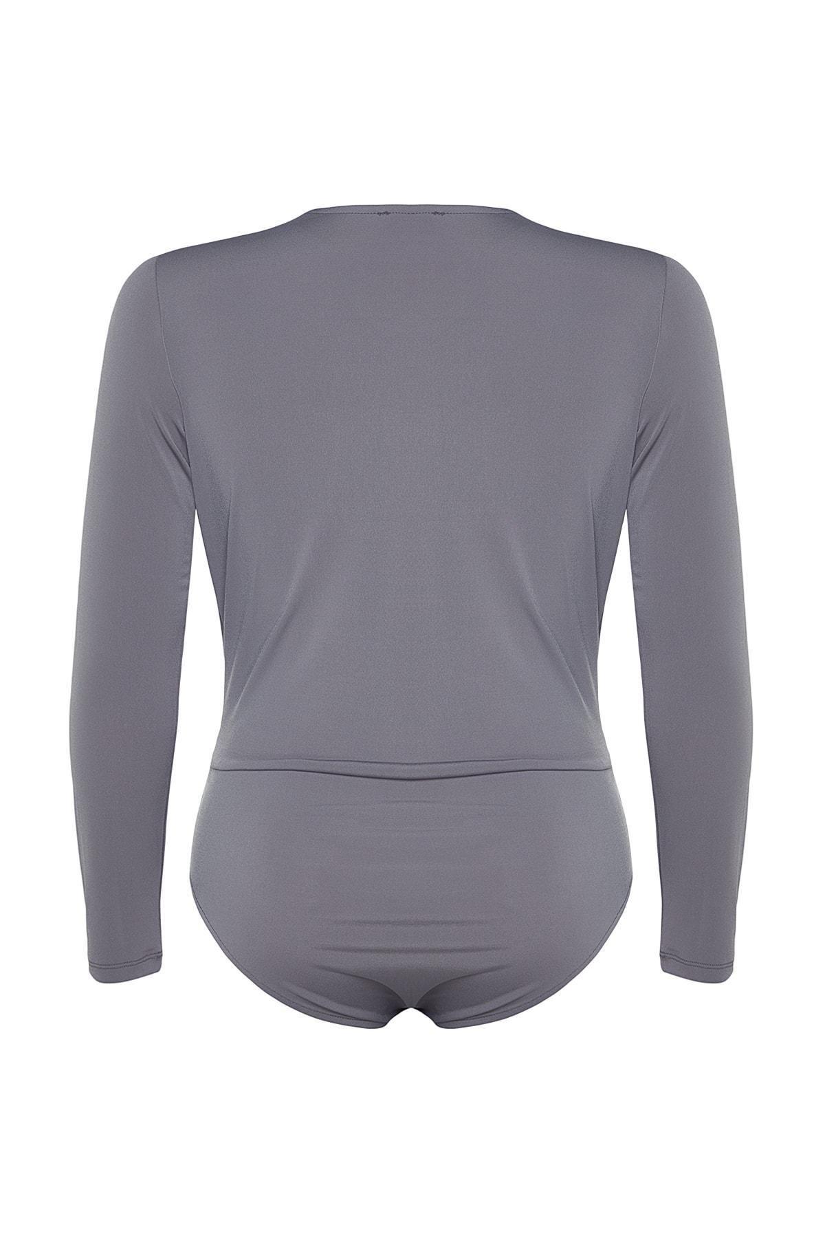 Gray V-Neck Slim Plus Size Bodysuit, , large image number 7