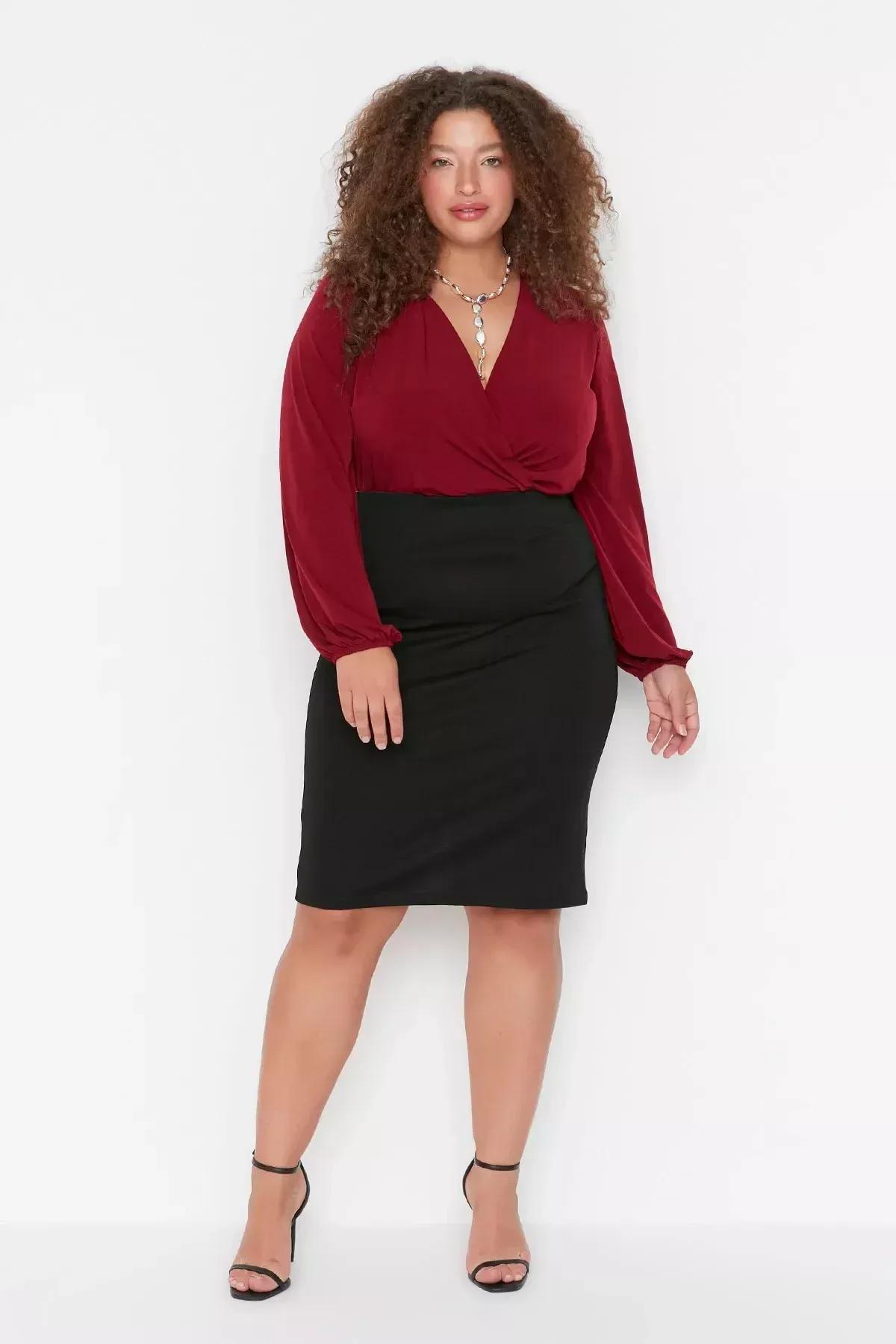 Burgundy Double Breasted Plus Size Blouse, Burgundy, large image number 7