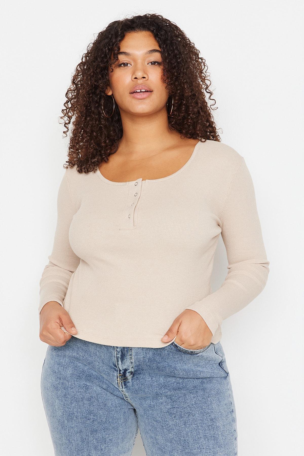 Beige Double-Breasted Plus Size Blouse, Beige, large image number 0