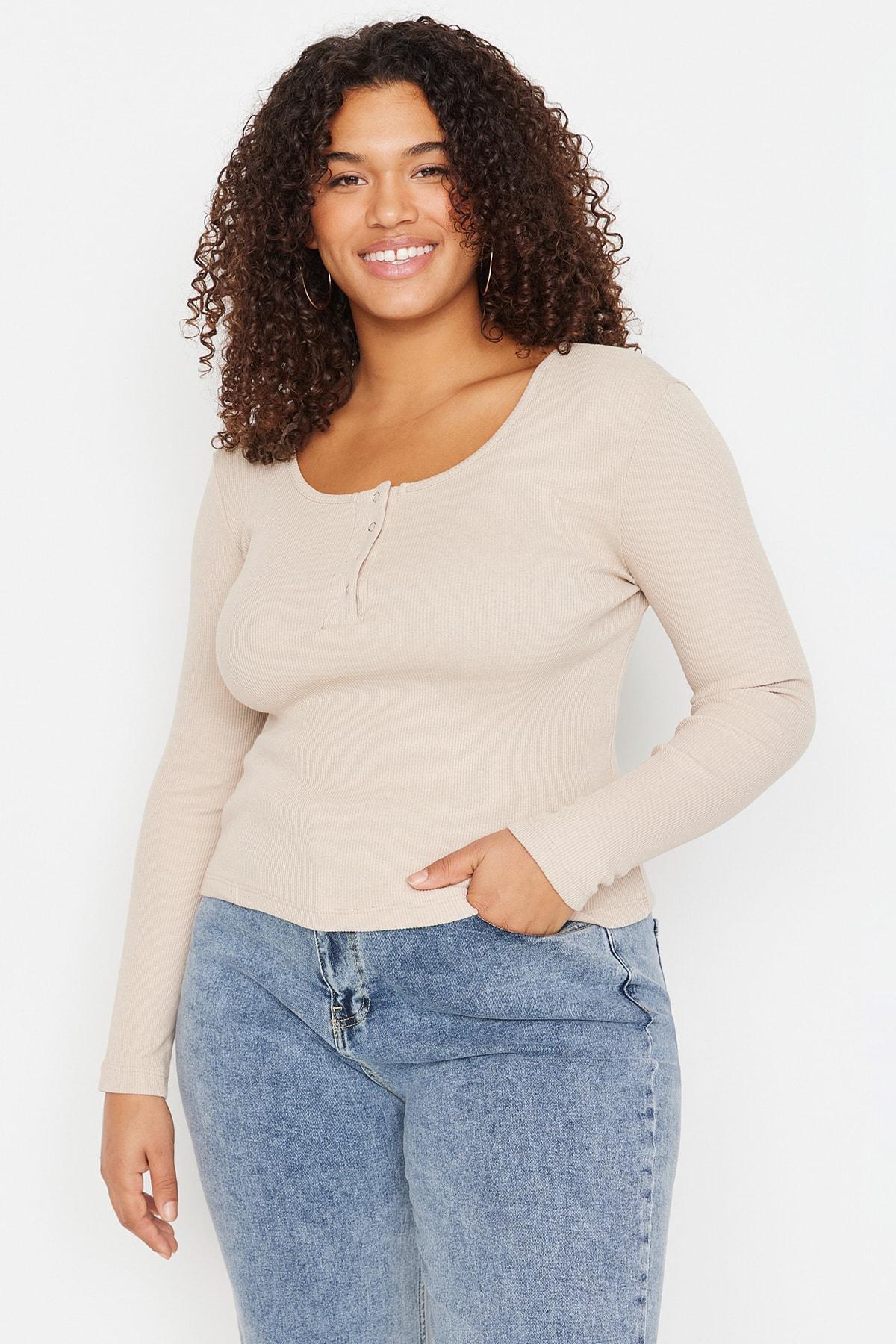 Beige Double-Breasted Plus Size Blouse, Beige, large image number 1