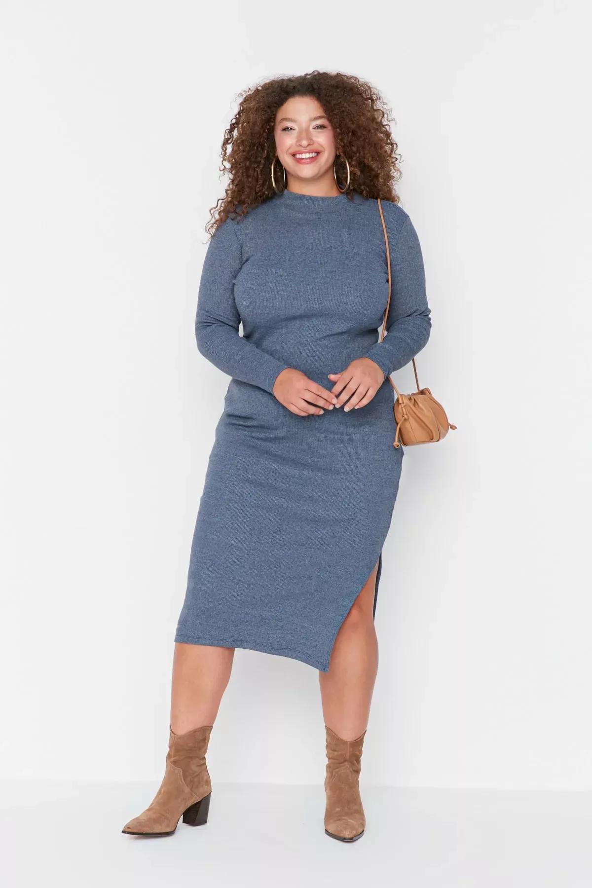 Blue Bodycon Plus Size Dress, Blue, medium