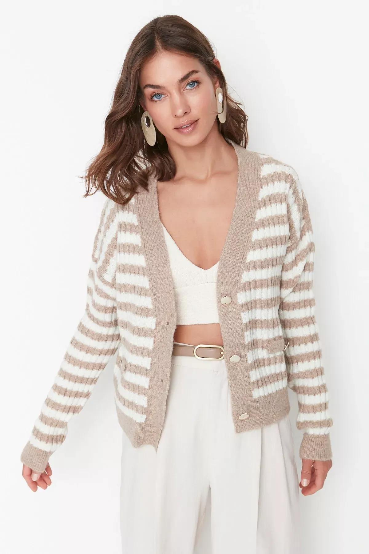 Camel Striped Knit Cardigan, Brown, large image number 0