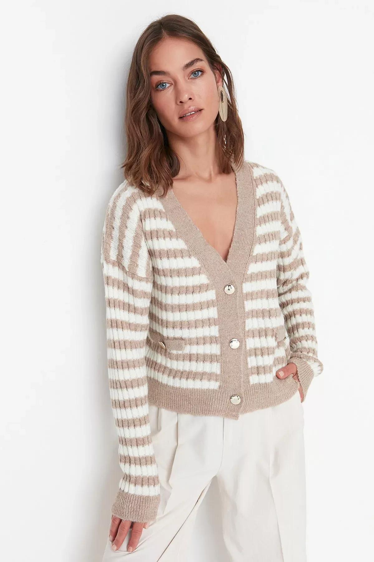 Camel Striped Knit Cardigan, Brown, large image number 1