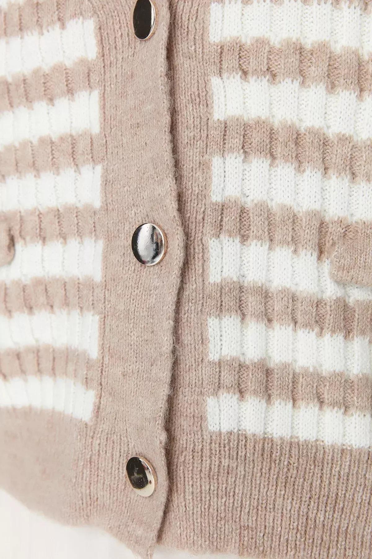 Camel Striped Knit Cardigan, Brown, large image number 2