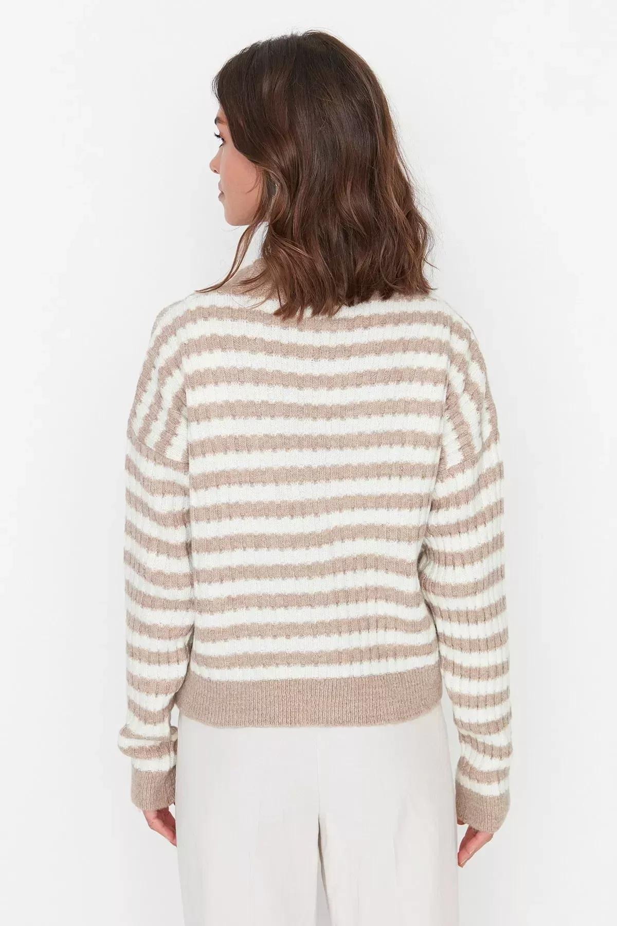 Camel Striped Knit Cardigan, Brown, large image number 3