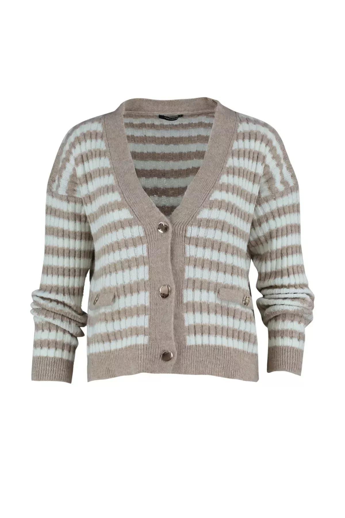 Camel Striped Knit Cardigan, Brown, large image number 5