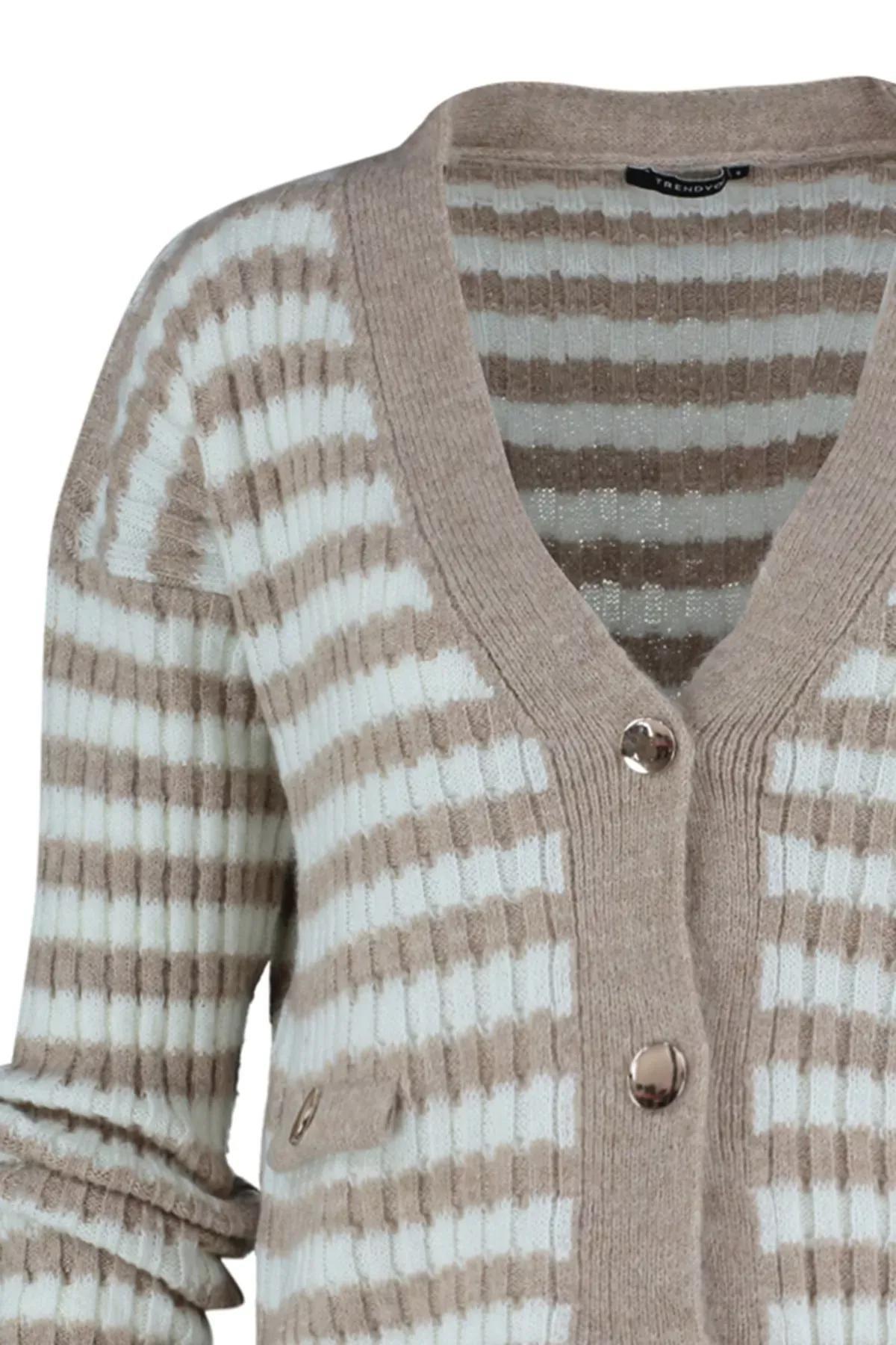 Camel Striped Knit Cardigan, Brown, large image number 6