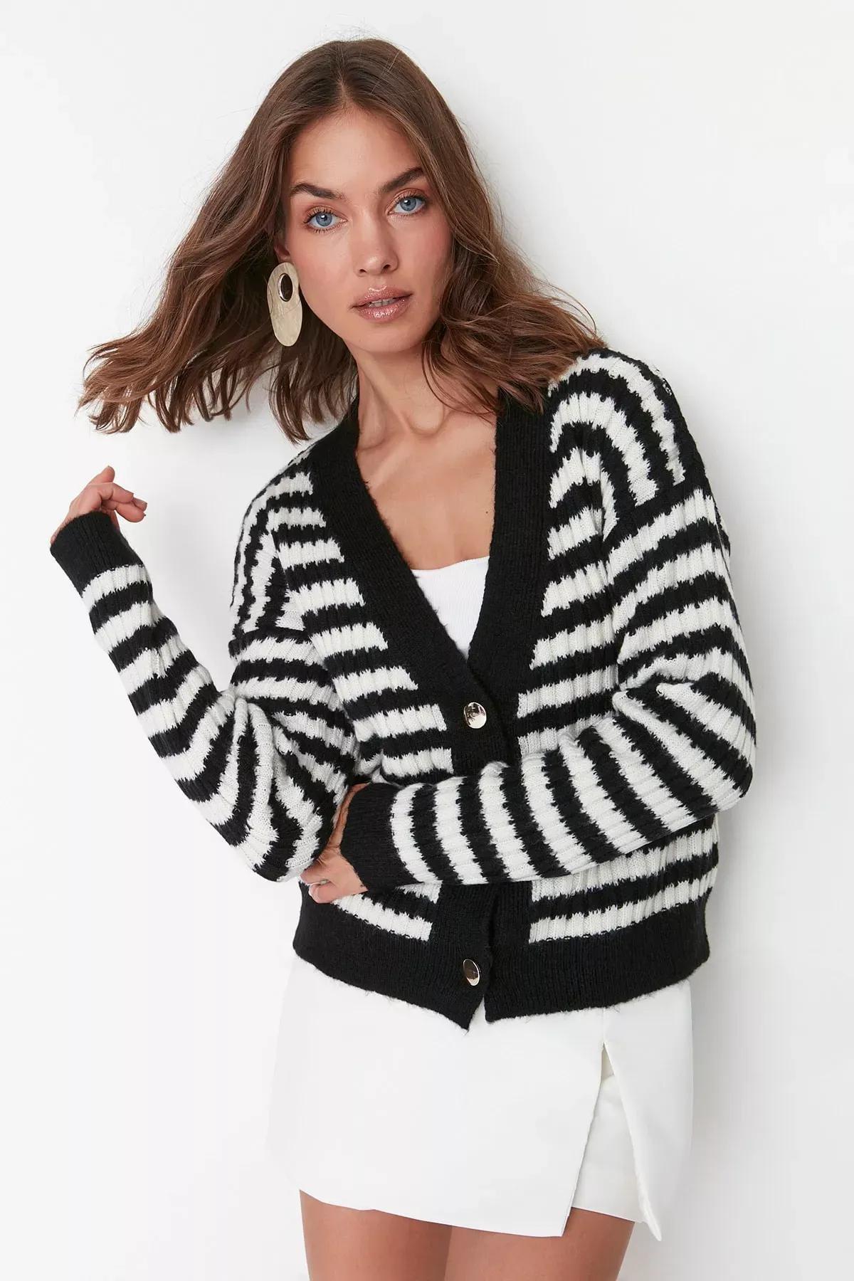 Black Striped Knitwear Cardigan, Black, large image number 0