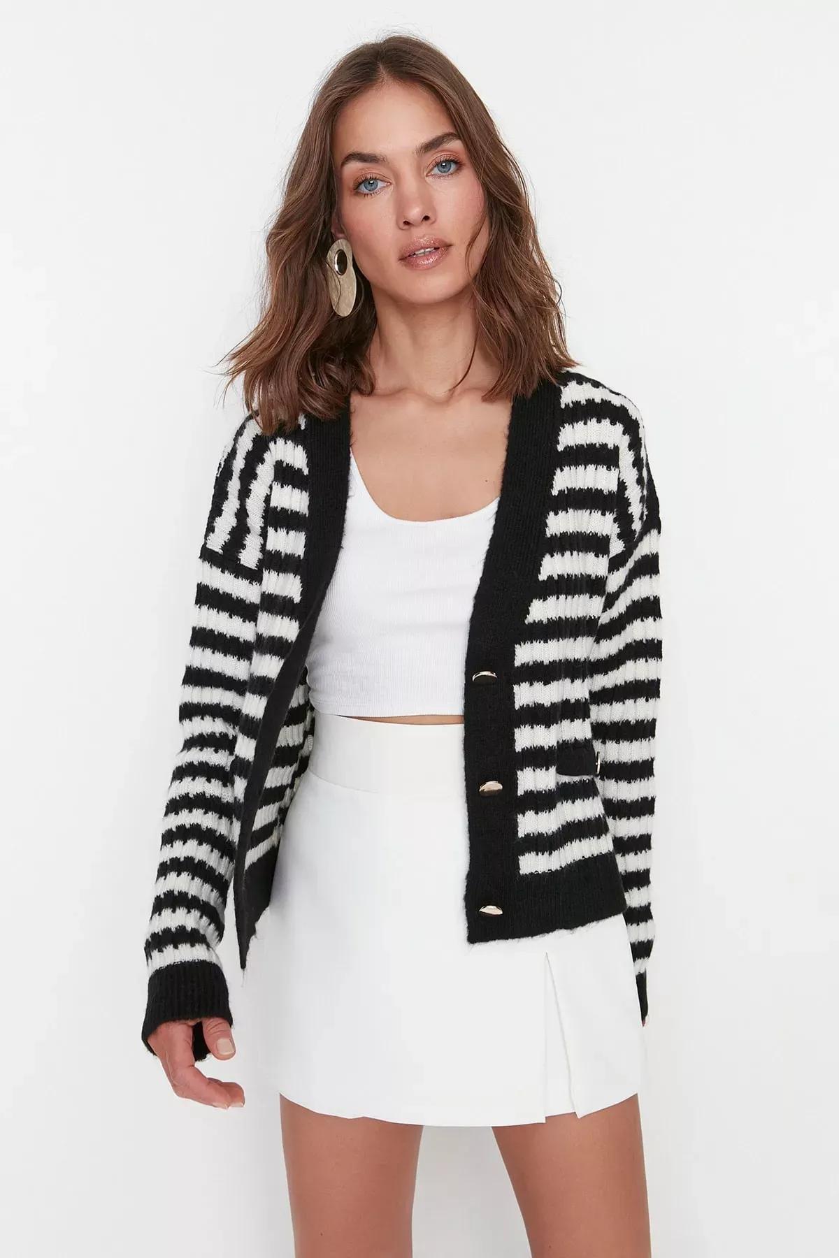 Black Striped Knitwear Cardigan, Black, large image number 1