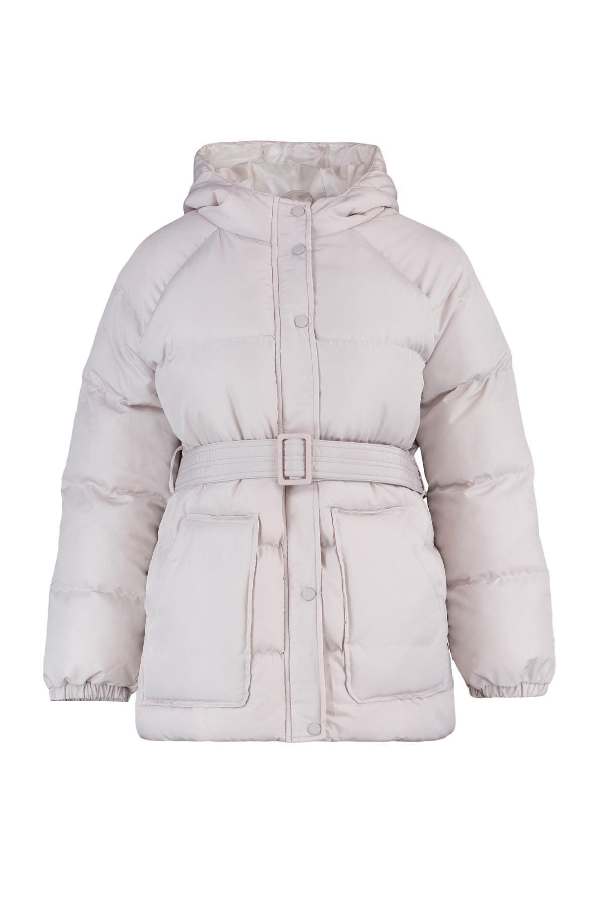 Beige Plain Puffer Jacket, , large image number 6