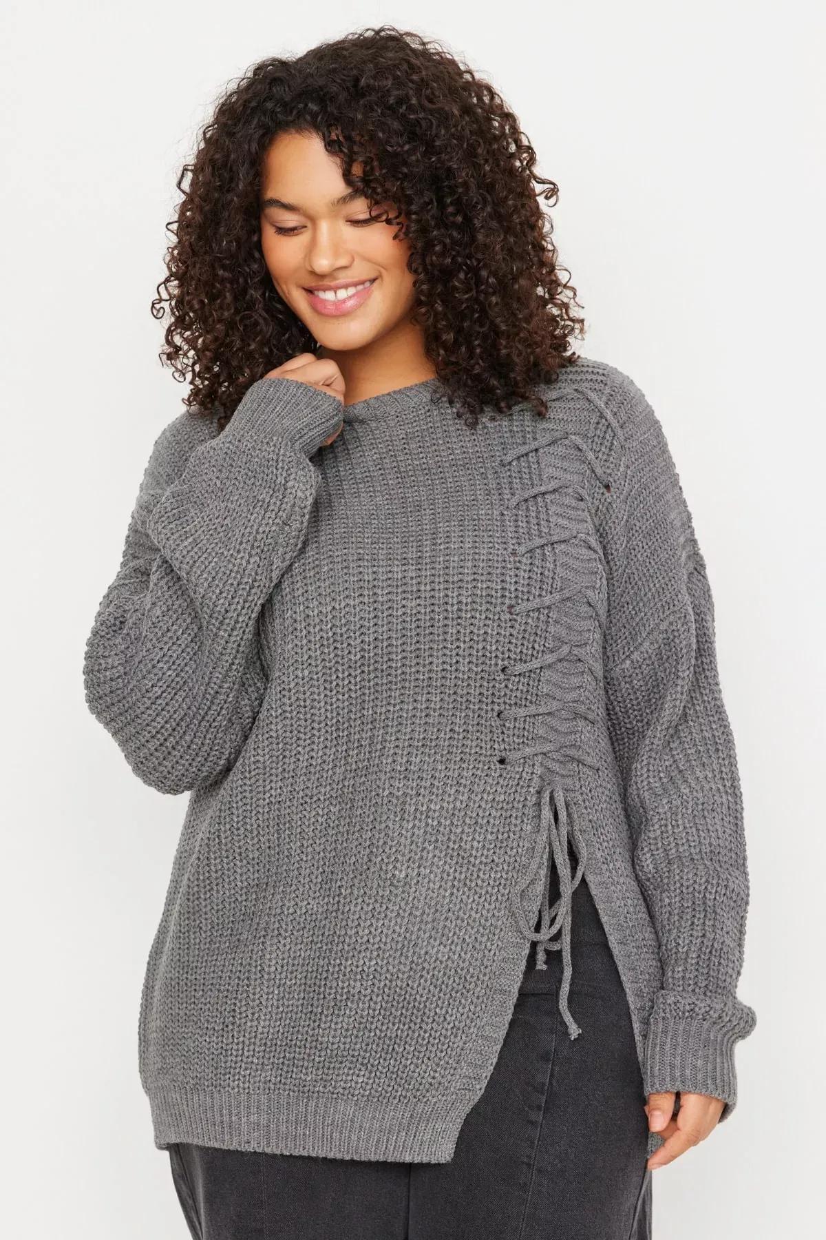 Grey Relaxed Plus Size Sweater, Gray, medium