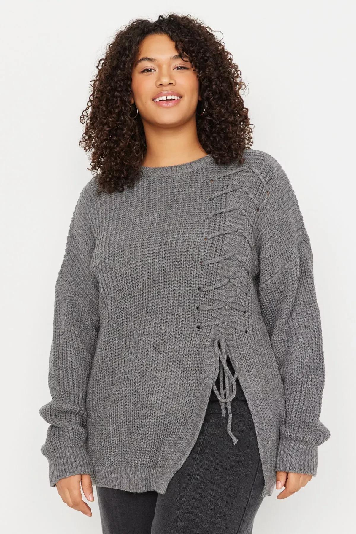 Grey Relaxed Plus Size Sweater, Gray, medium
