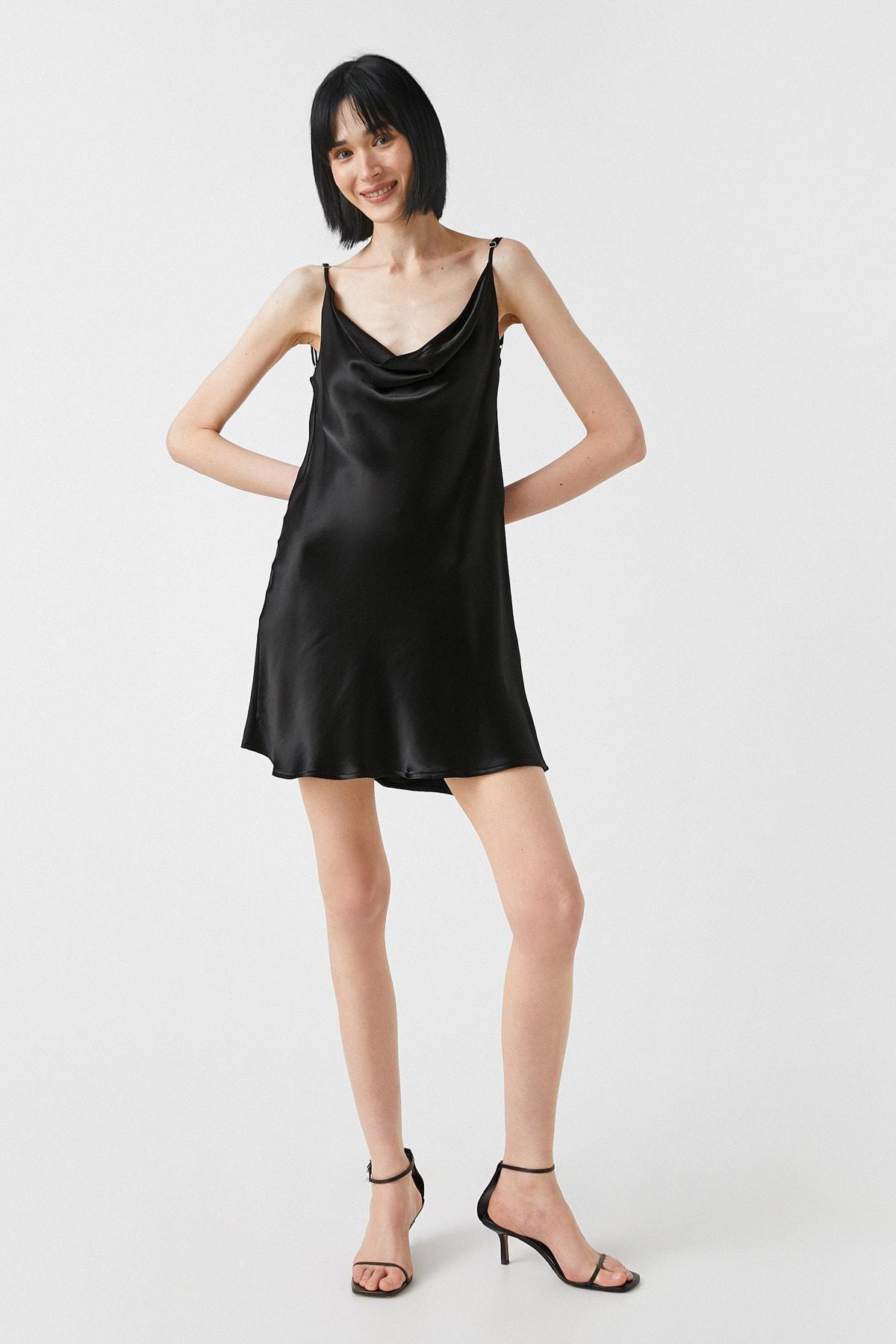 Koton - Black Satin Ruffled Collared Mini Dress