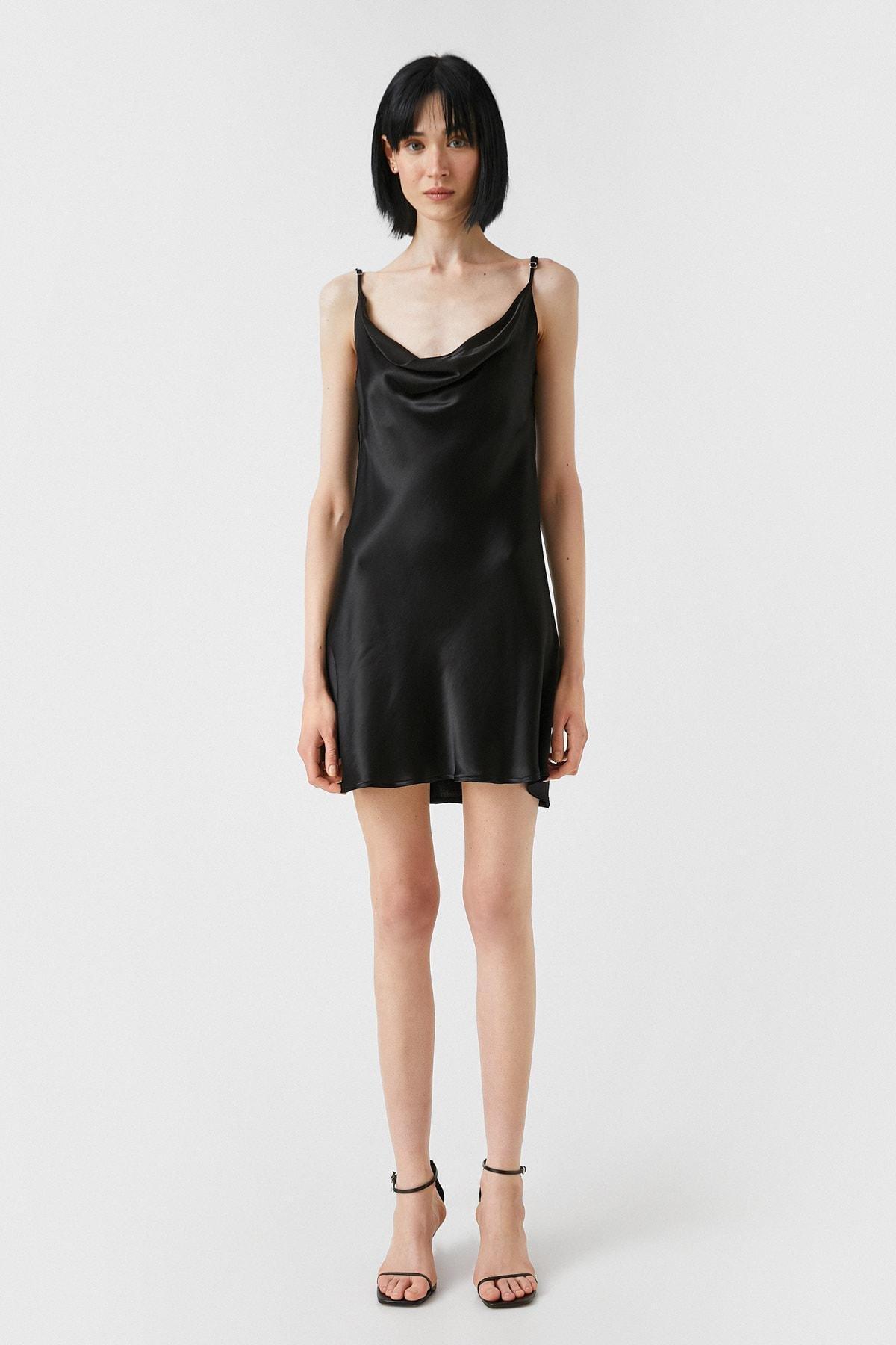 Koton - Black Satin Ruffled Collared Mini Dress