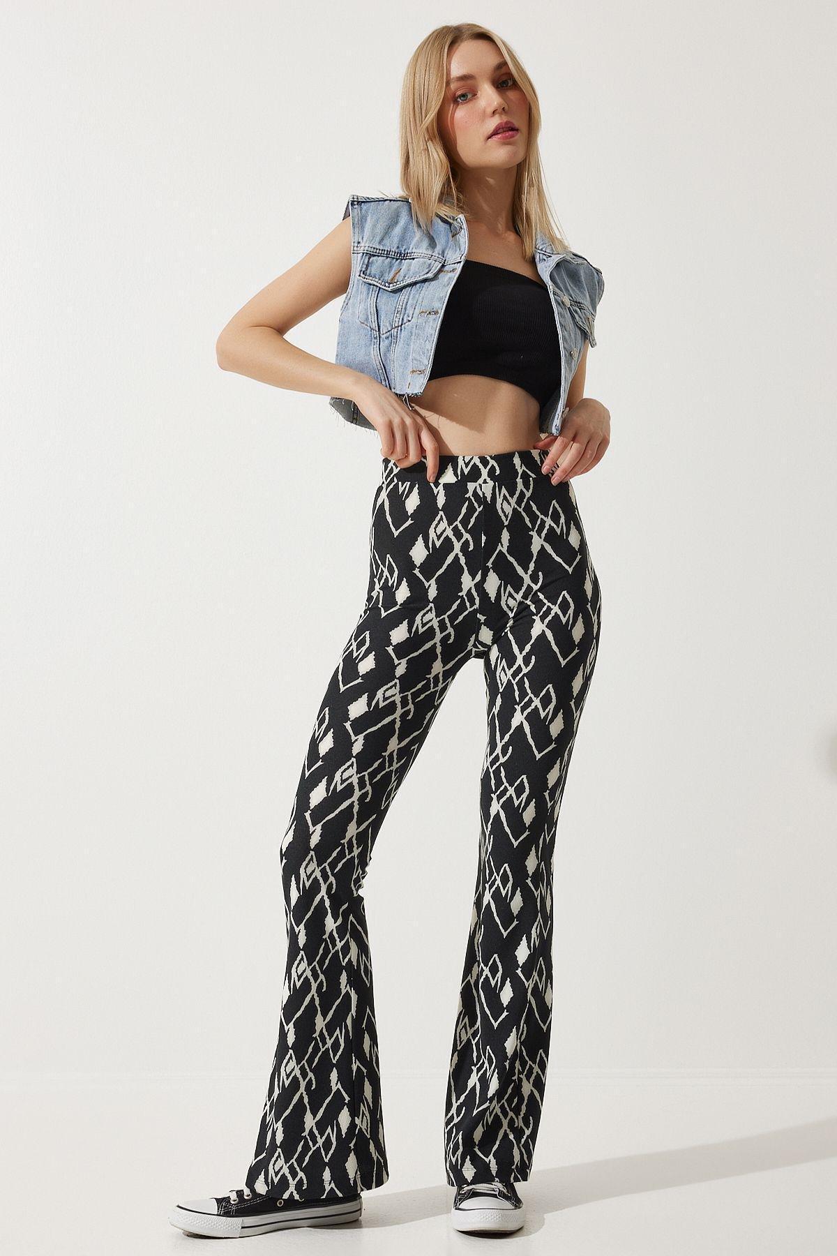 Happiness Istanbul - Black Patterned Bootcut Pants