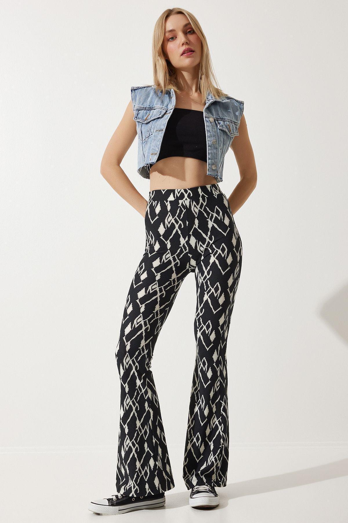 Happiness Istanbul - Black Patterned Bootcut Pants