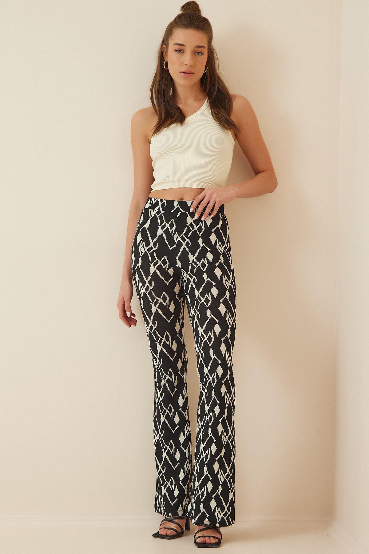 Happiness Istanbul - Black Patterned Bootcut Pants