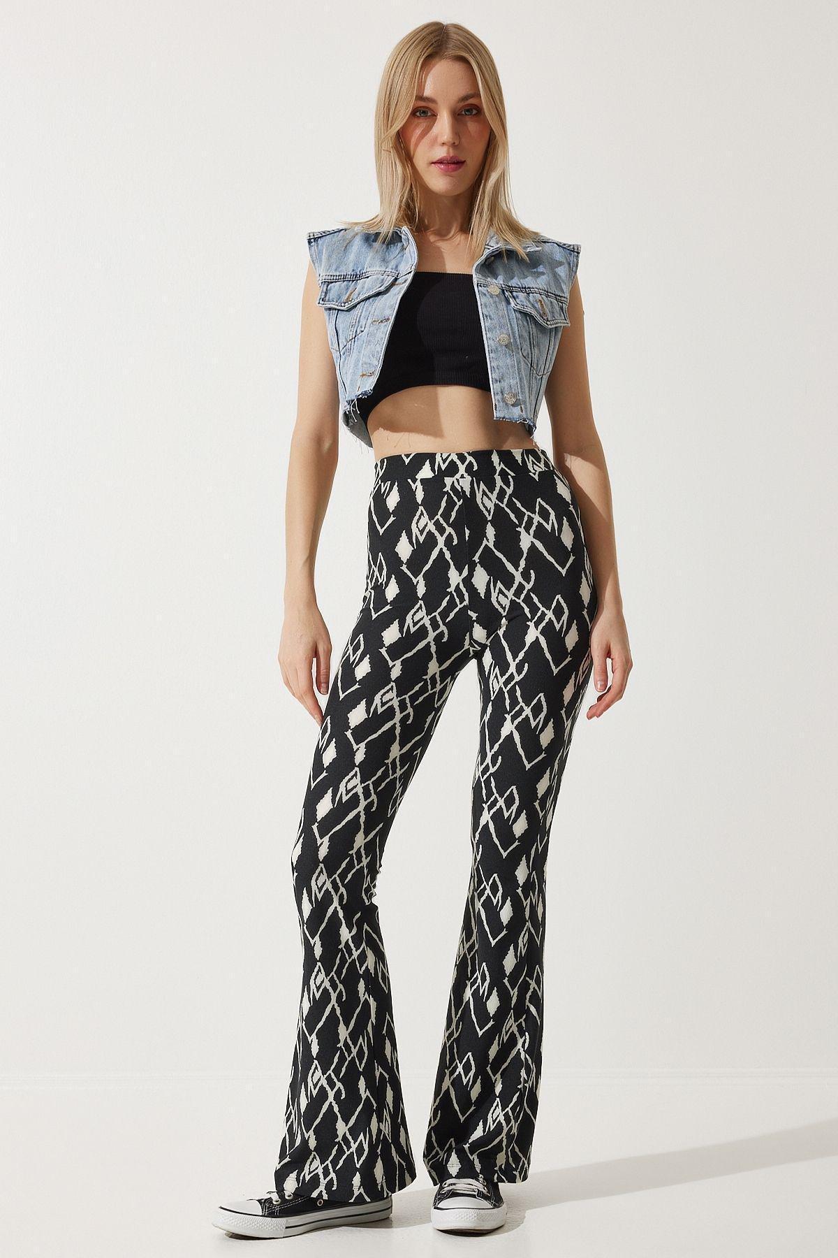 Happiness Istanbul - Black Patterned Bootcut Pants