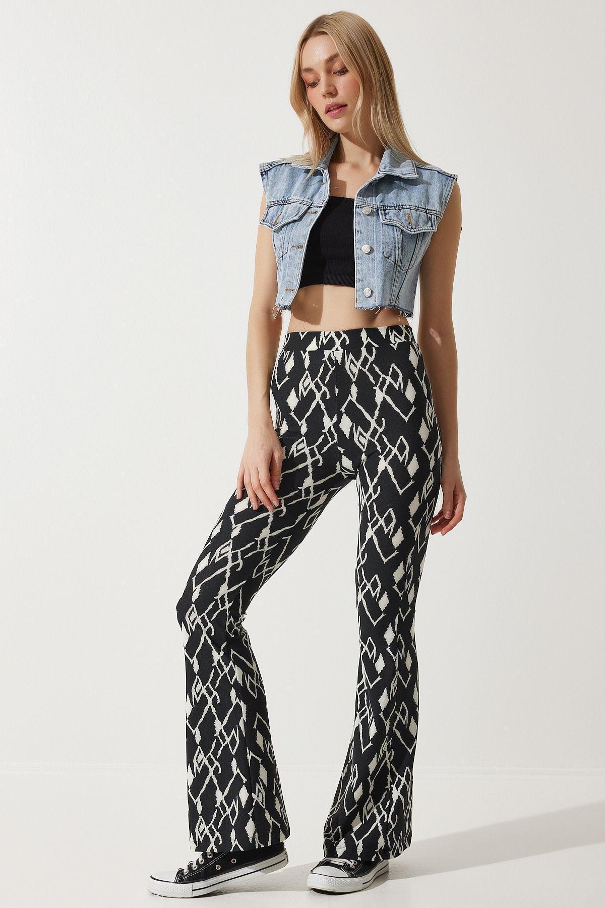 Happiness Istanbul - Black Patterned Bootcut Pants