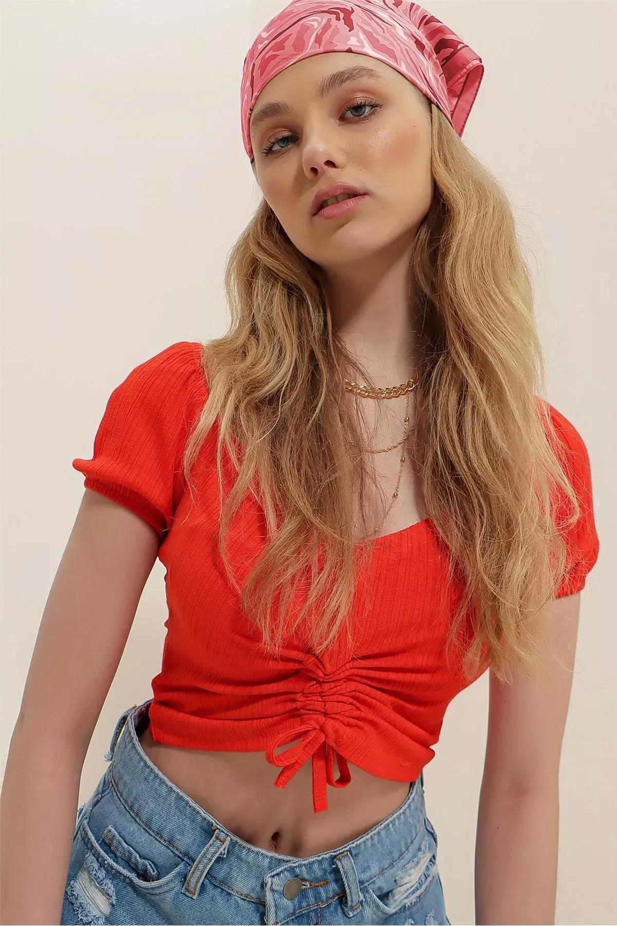 Orange V-Neck Shirred Crop Top, , medium
