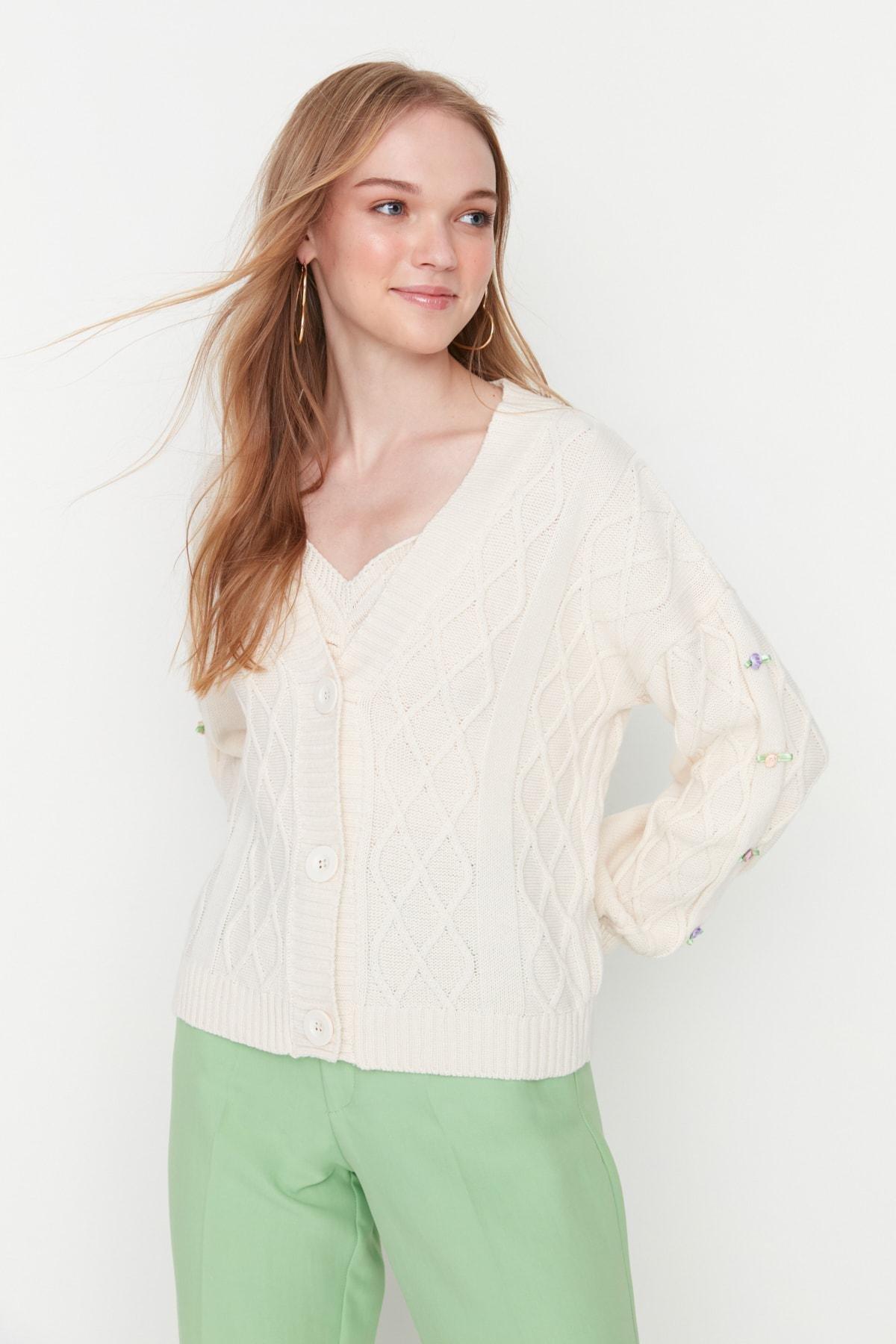 Beige V-Neck Cardigan, , large image number 2