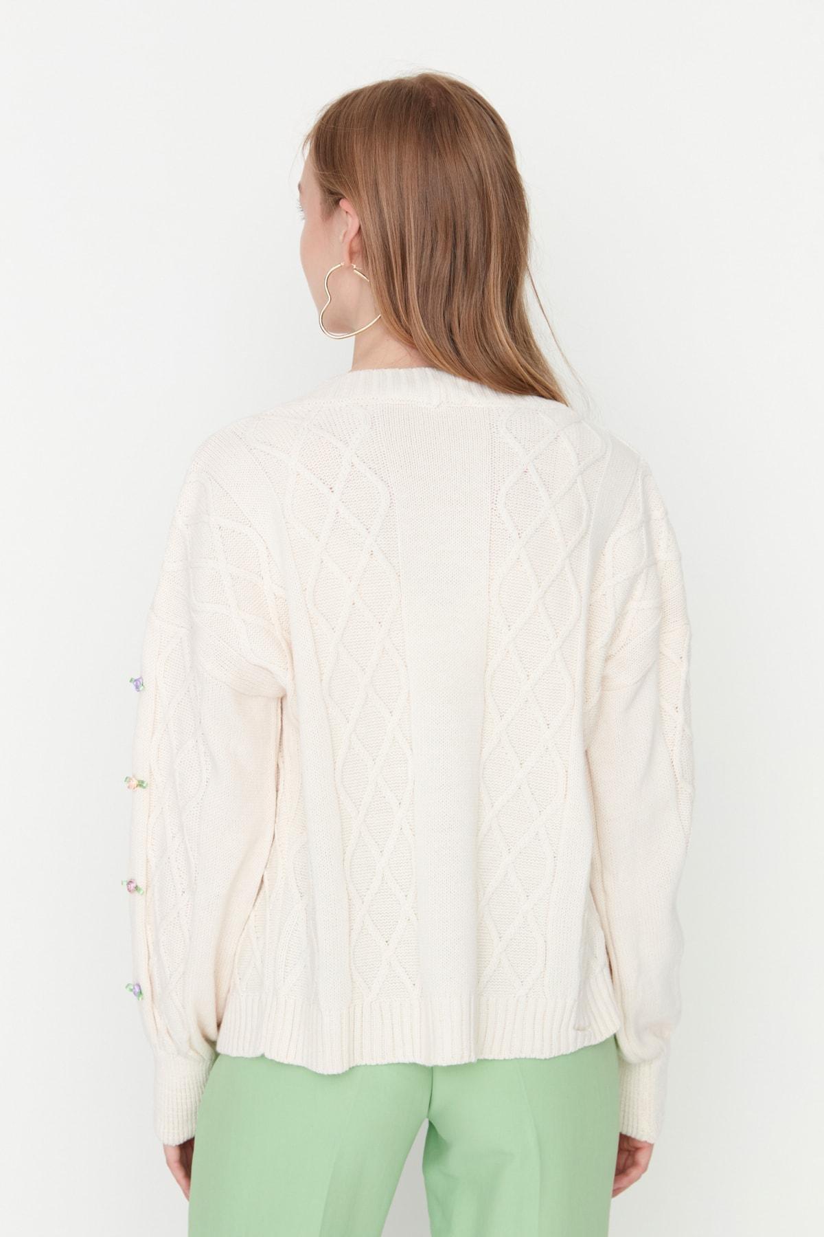Beige V-Neck Cardigan, , large image number 4