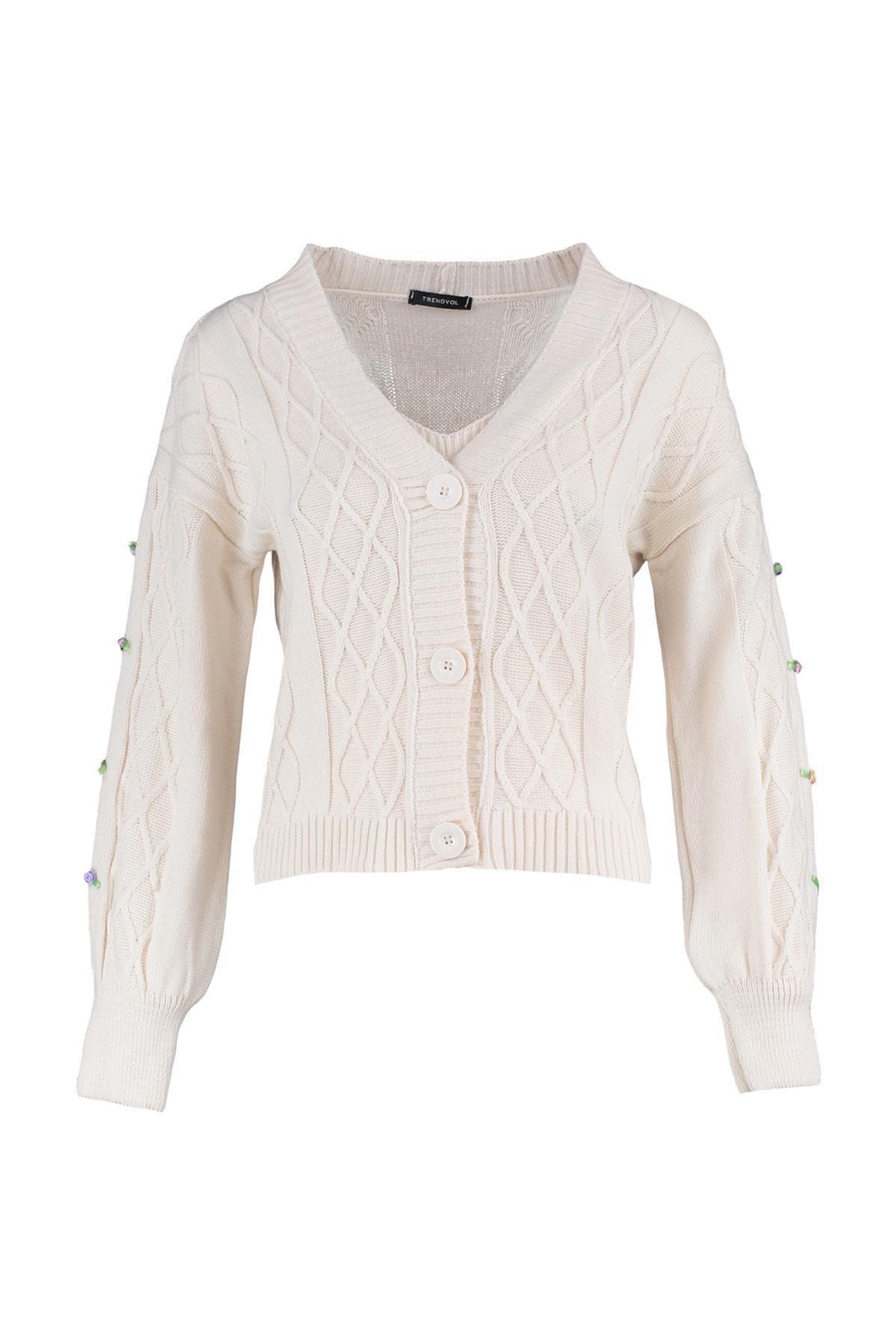 Beige V-Neck Cardigan, , large image number 7