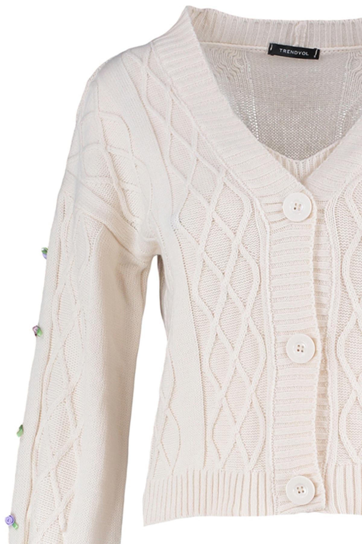 Beige V-Neck Cardigan, , large image number 8