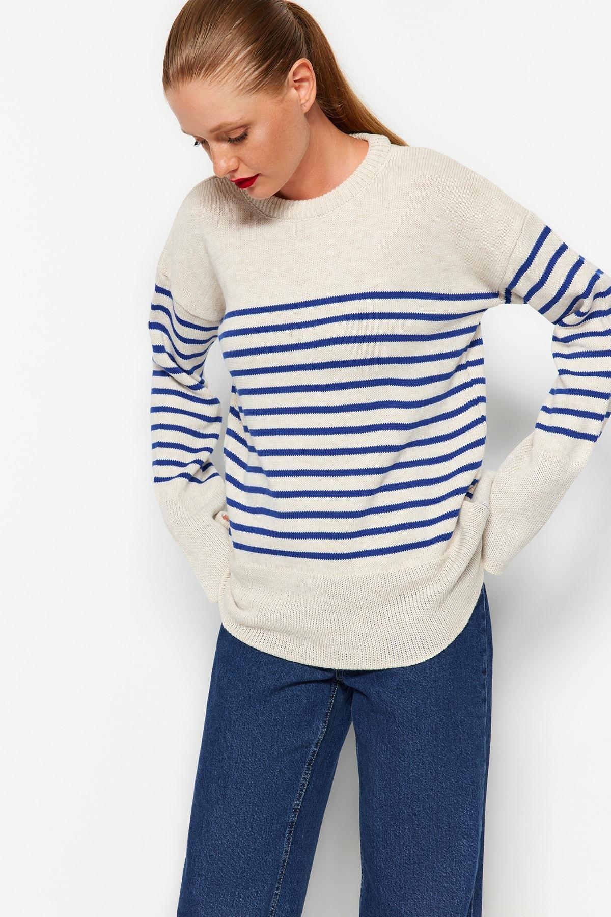 Trendyol - Beige Oversize Crew Neck Sweater