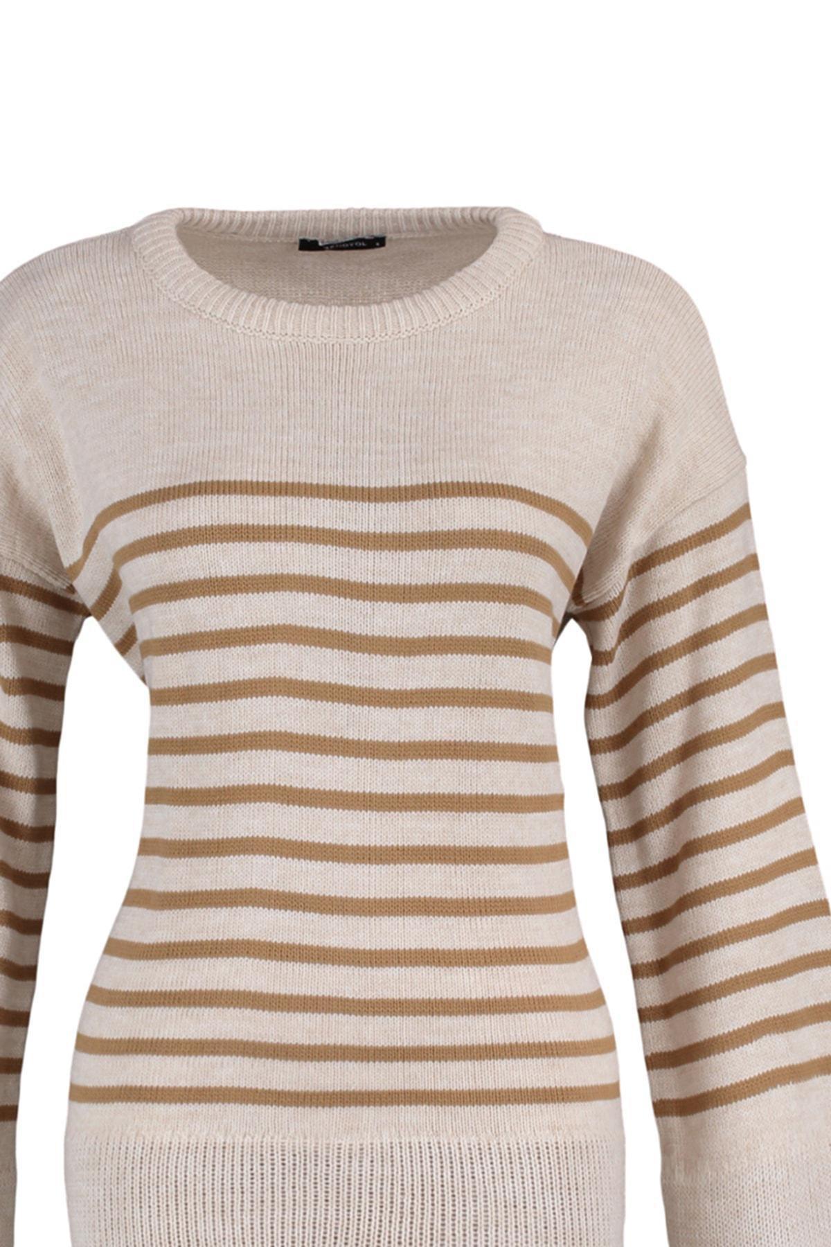 Trendyol - Beige Oversize Crew Neck Sweater