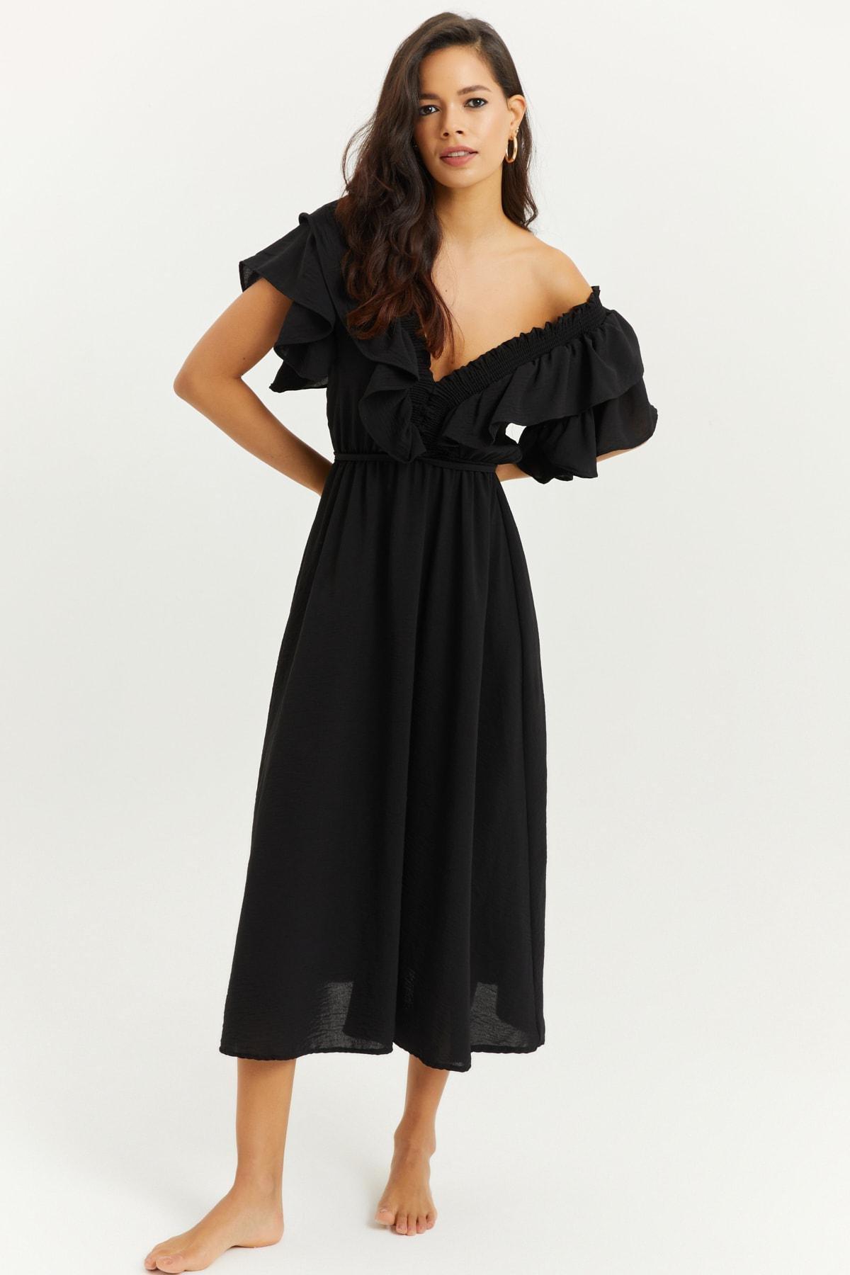 Black Puffed Sleeve A-Line Dress, , large image number 0