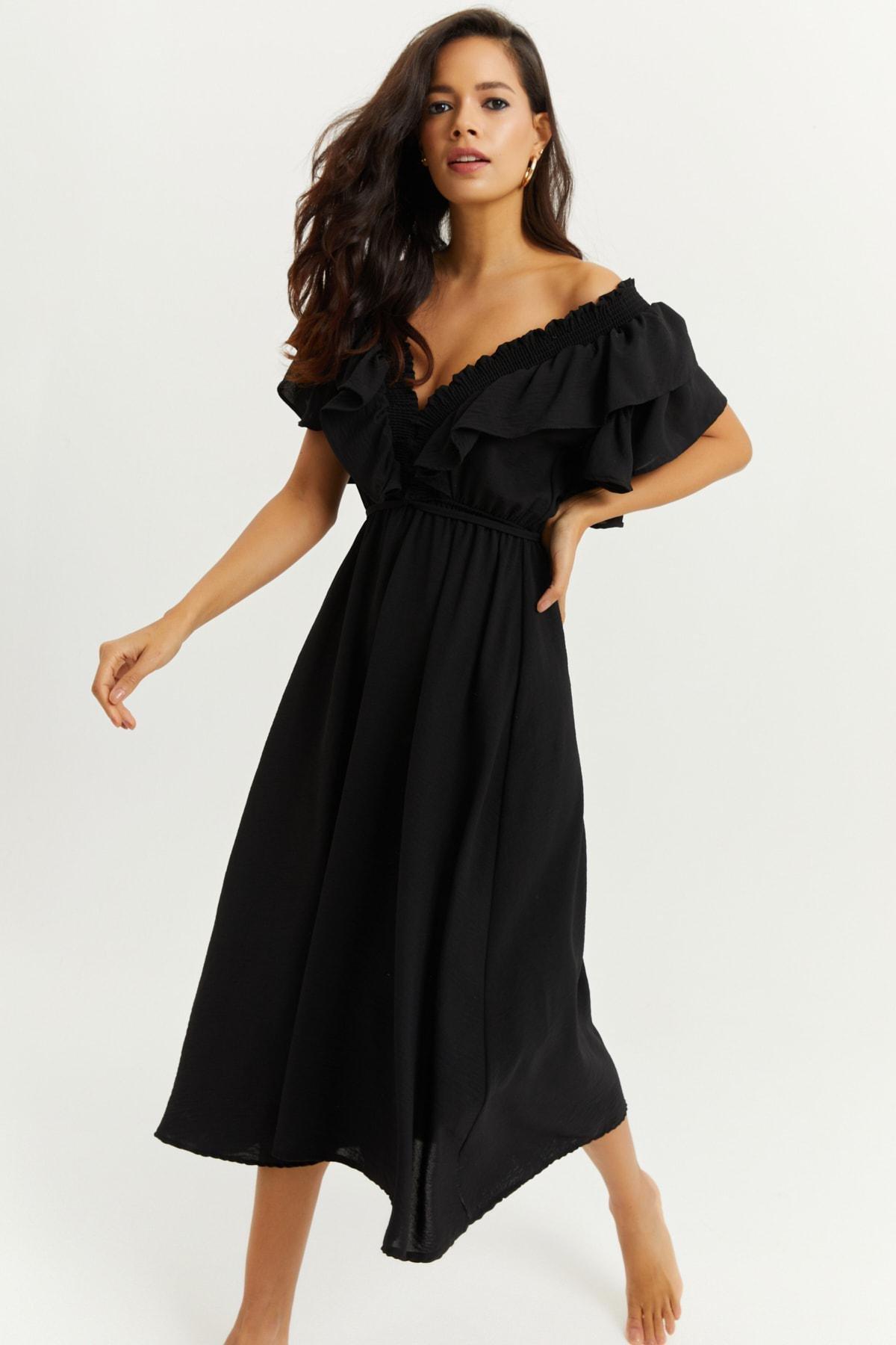 Black Puffed Sleeve A-Line Dress, , large image number 1