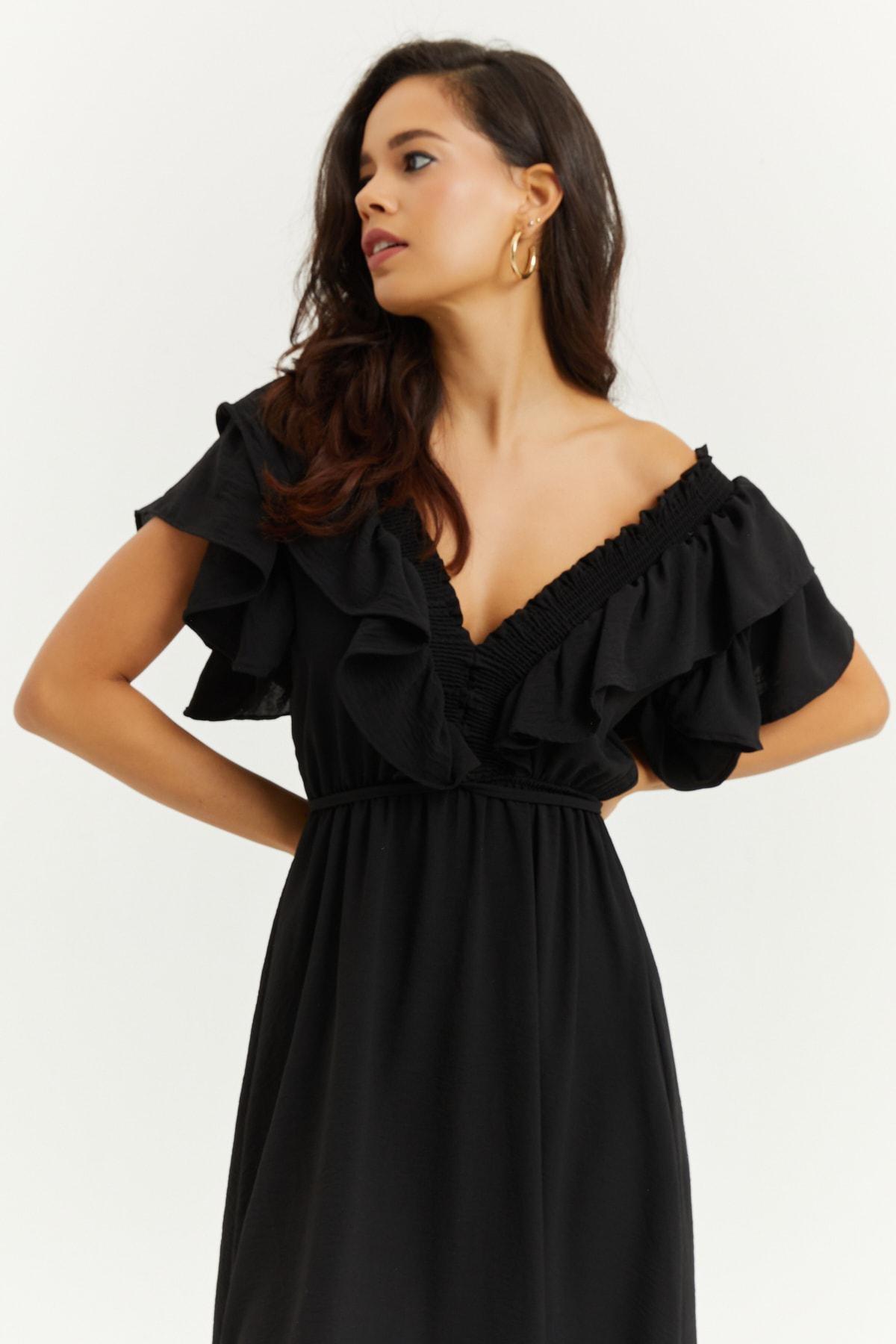 Black Puffed Sleeve A-Line Dress, , large image number 2