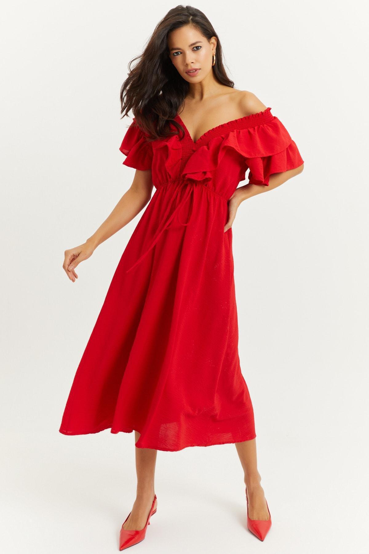 Red Puffed Sleeve A-Line Dress, , large image number 0