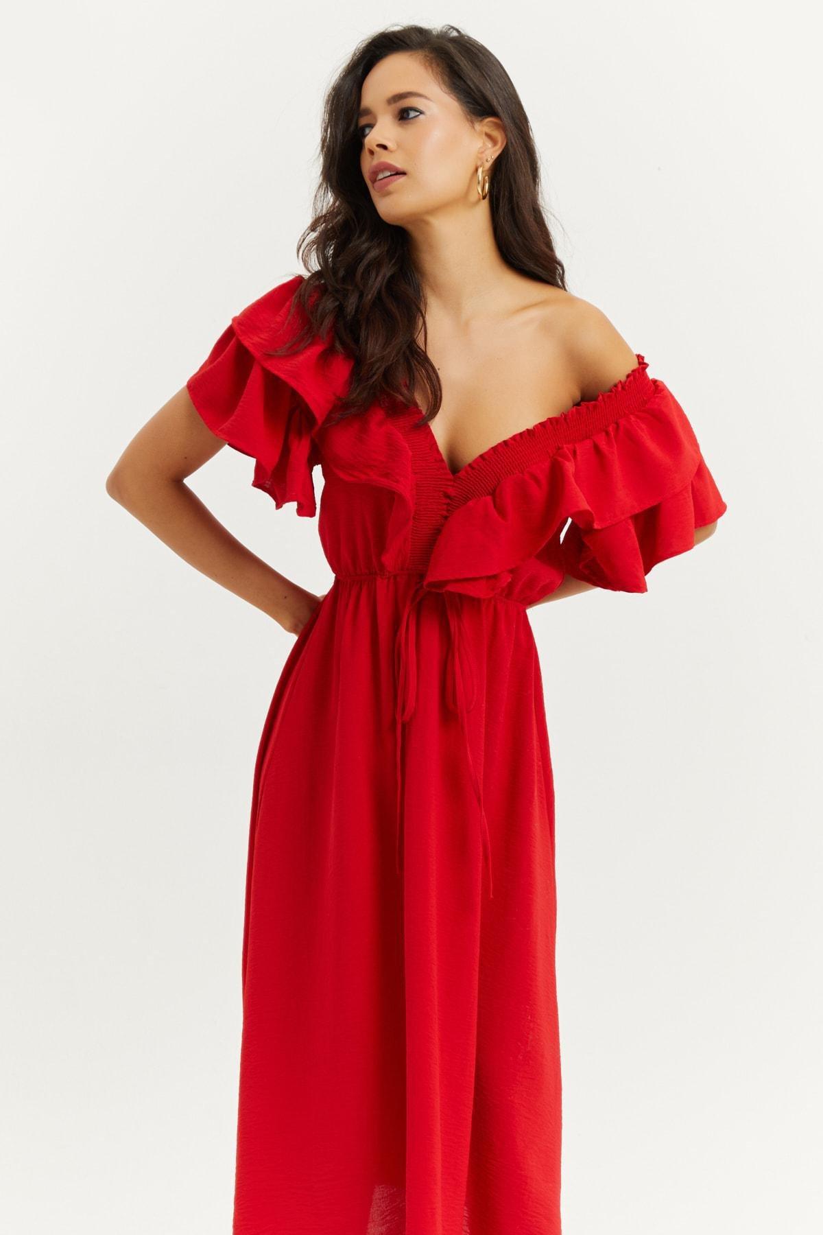 Red Puffed Sleeve A-Line Dress, , large image number 1