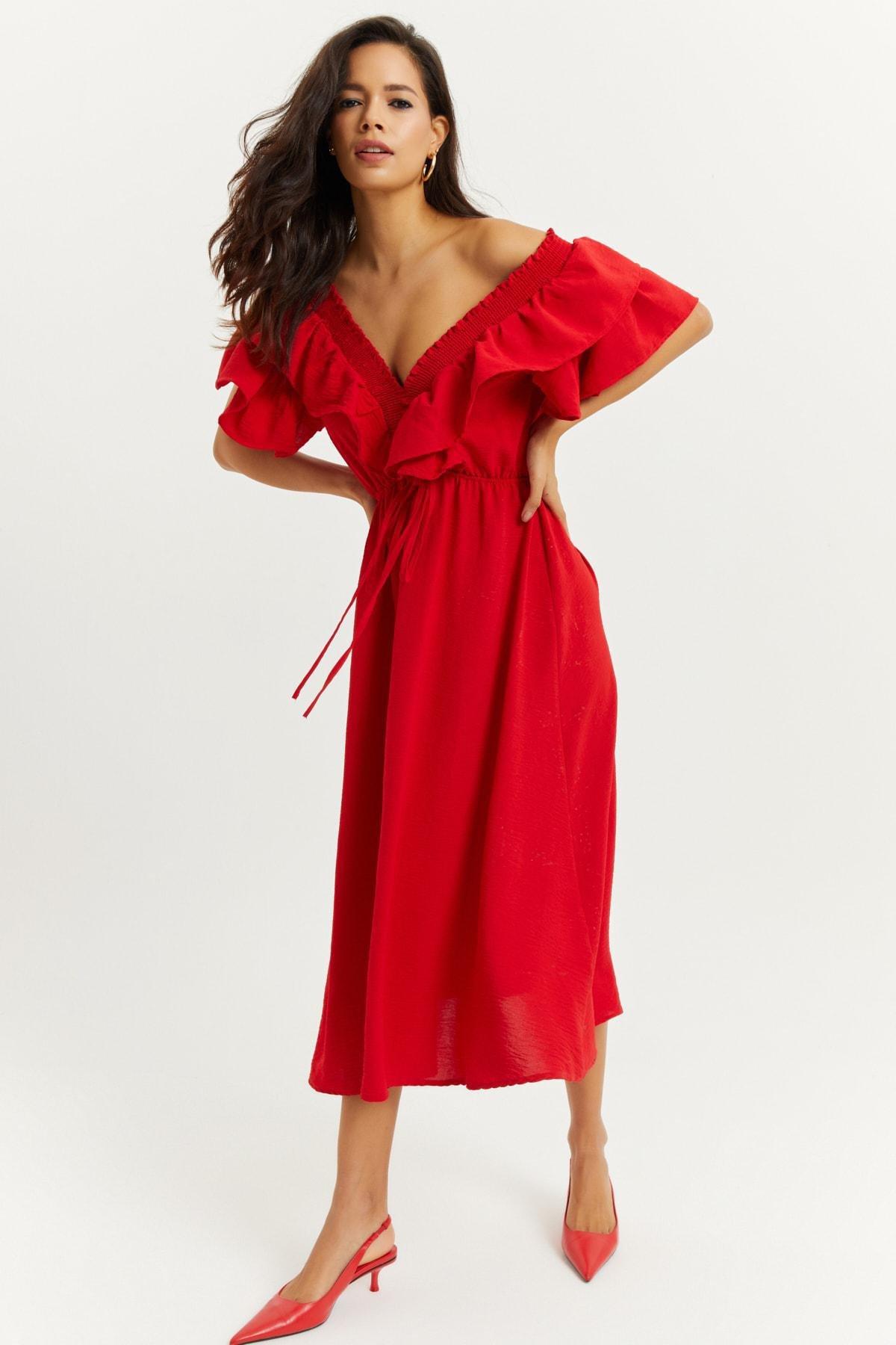 Red Puffed Sleeve A-Line Dress, , large image number 2