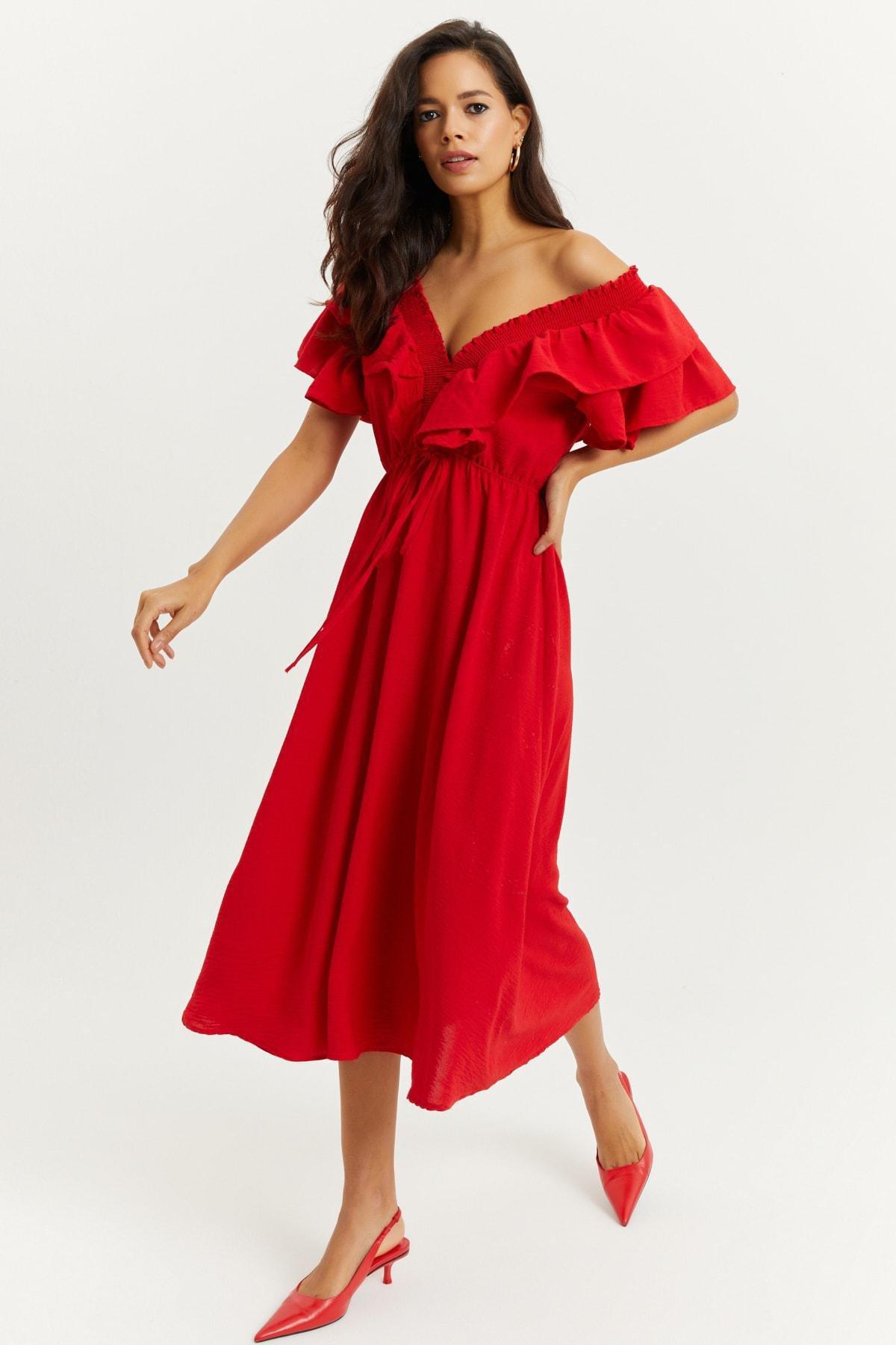Red Puffed Sleeve A-Line Dress, , large image number 3