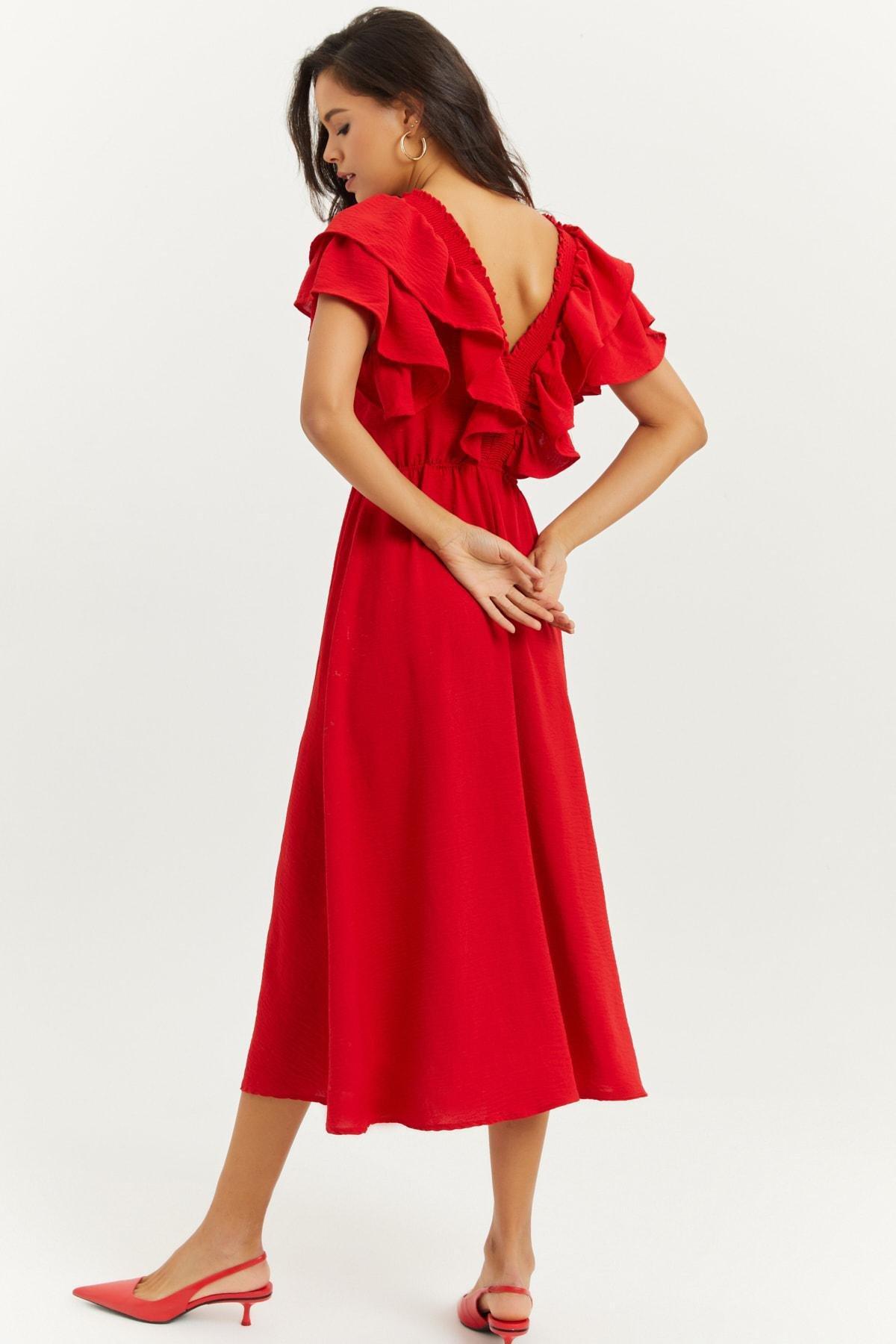 Red Puffed Sleeve A-Line Dress, , large image number 4