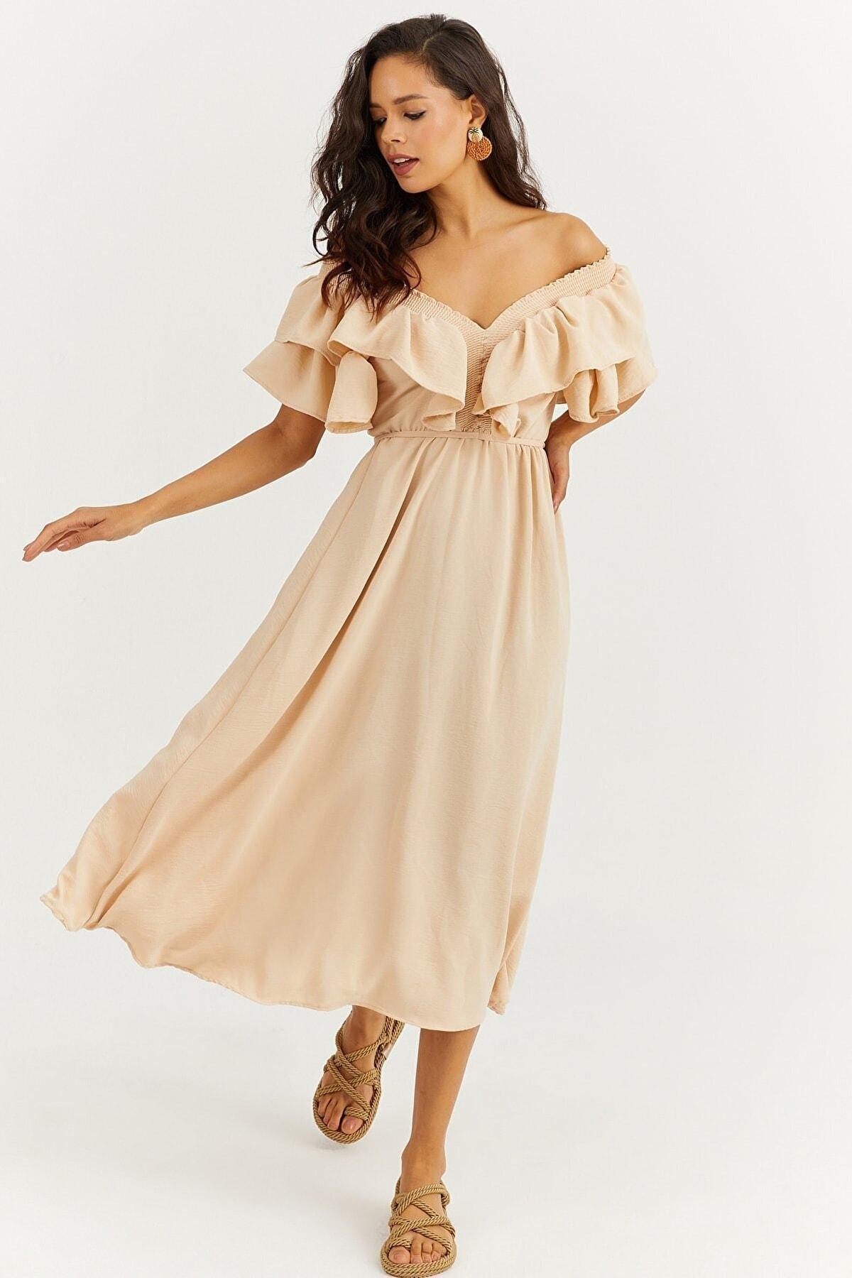 Beige Ruffle Sleeve A-Line Dress, , large image number 0