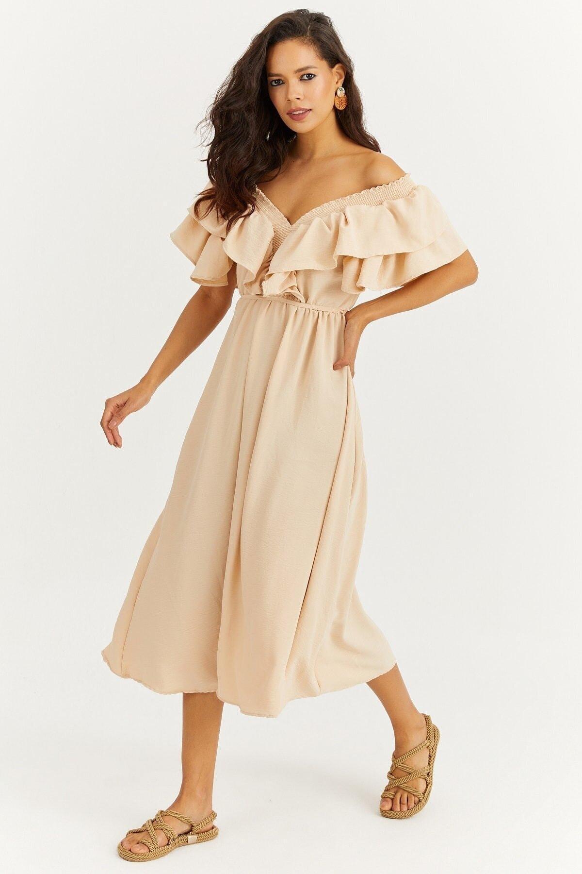 Beige Ruffle Sleeve A-Line Dress, , large image number 1