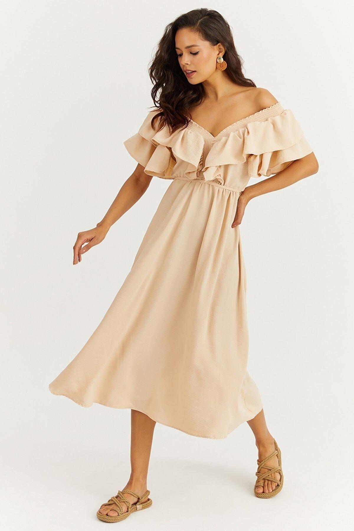 Beige Ruffle Sleeve A-Line Dress, , large image number 2