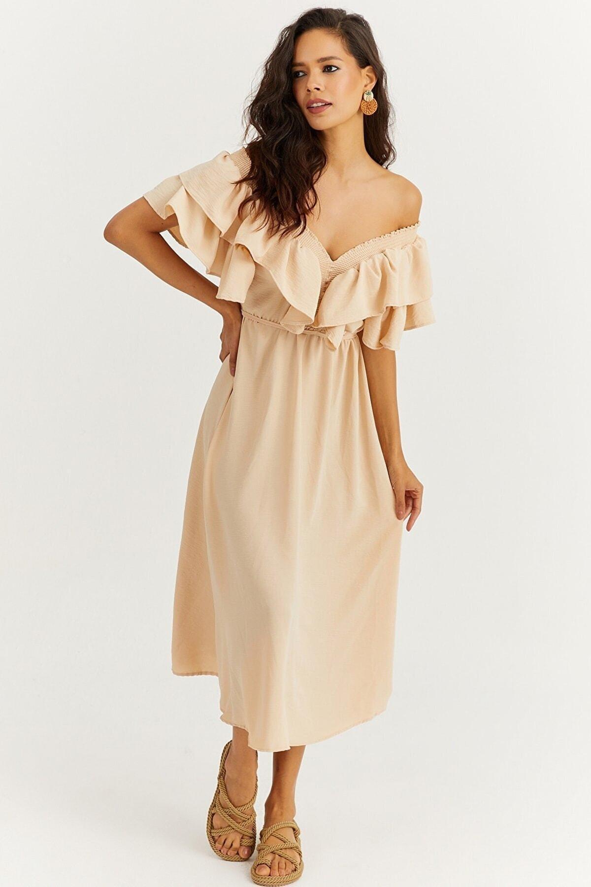 Beige Ruffle Sleeve A-Line Dress, , large image number 3
