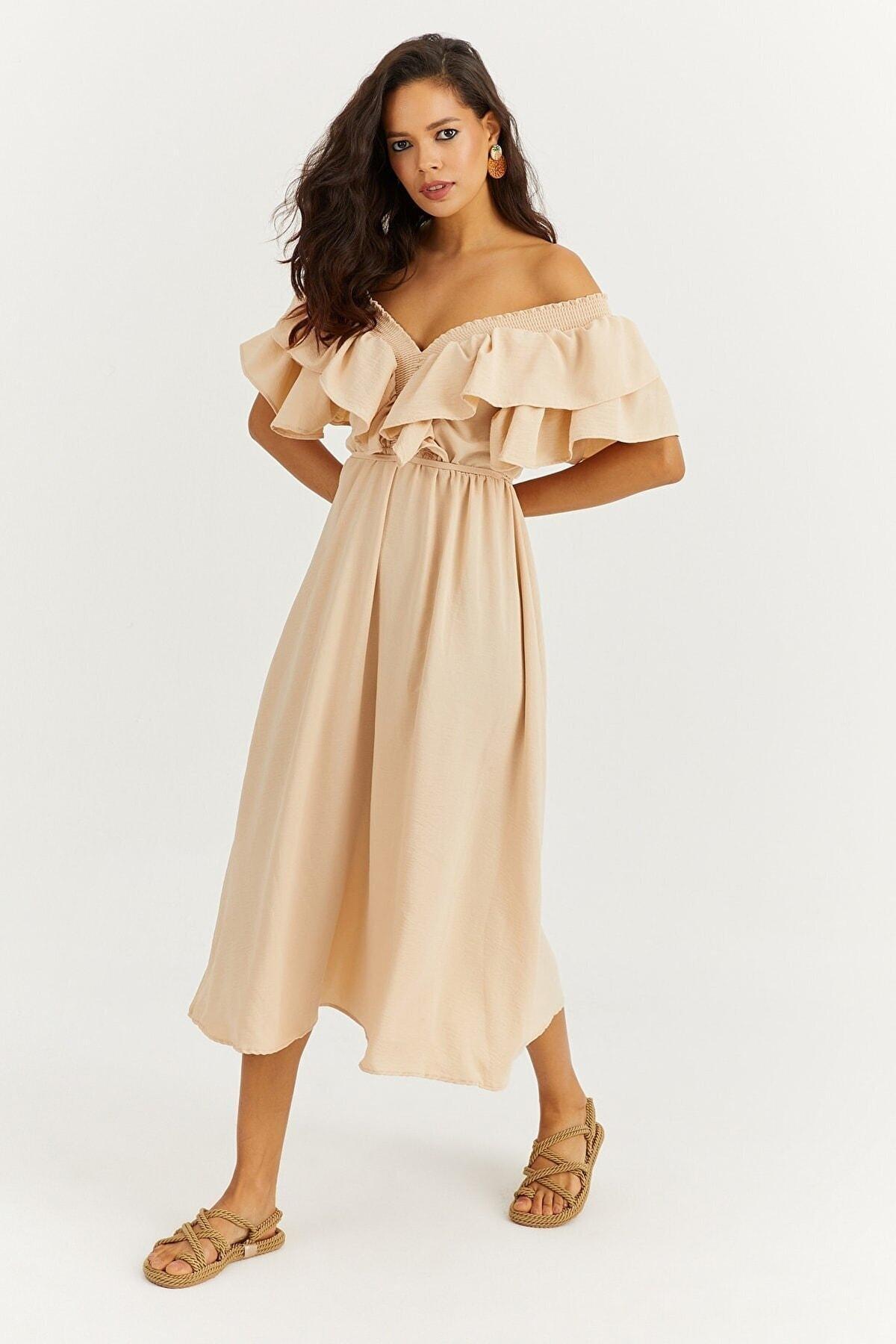 Beige Ruffle Sleeve A-Line Dress, , large image number 4