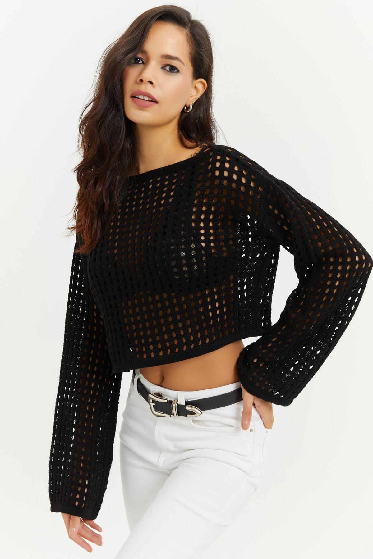 Black Acrylic Basic Blouse, BLACK, large image number 1