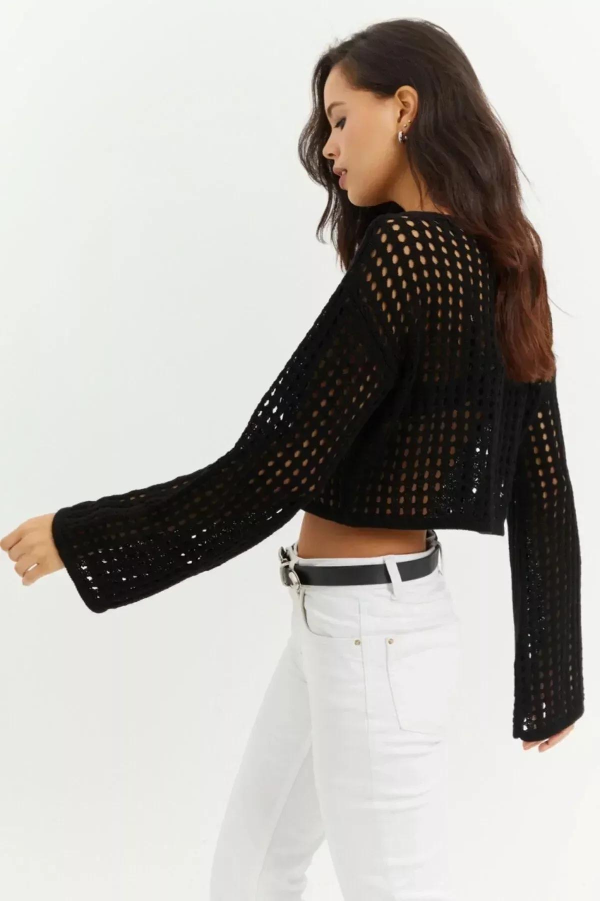 Black Acrylic Basic Blouse, BLACK, large image number 1