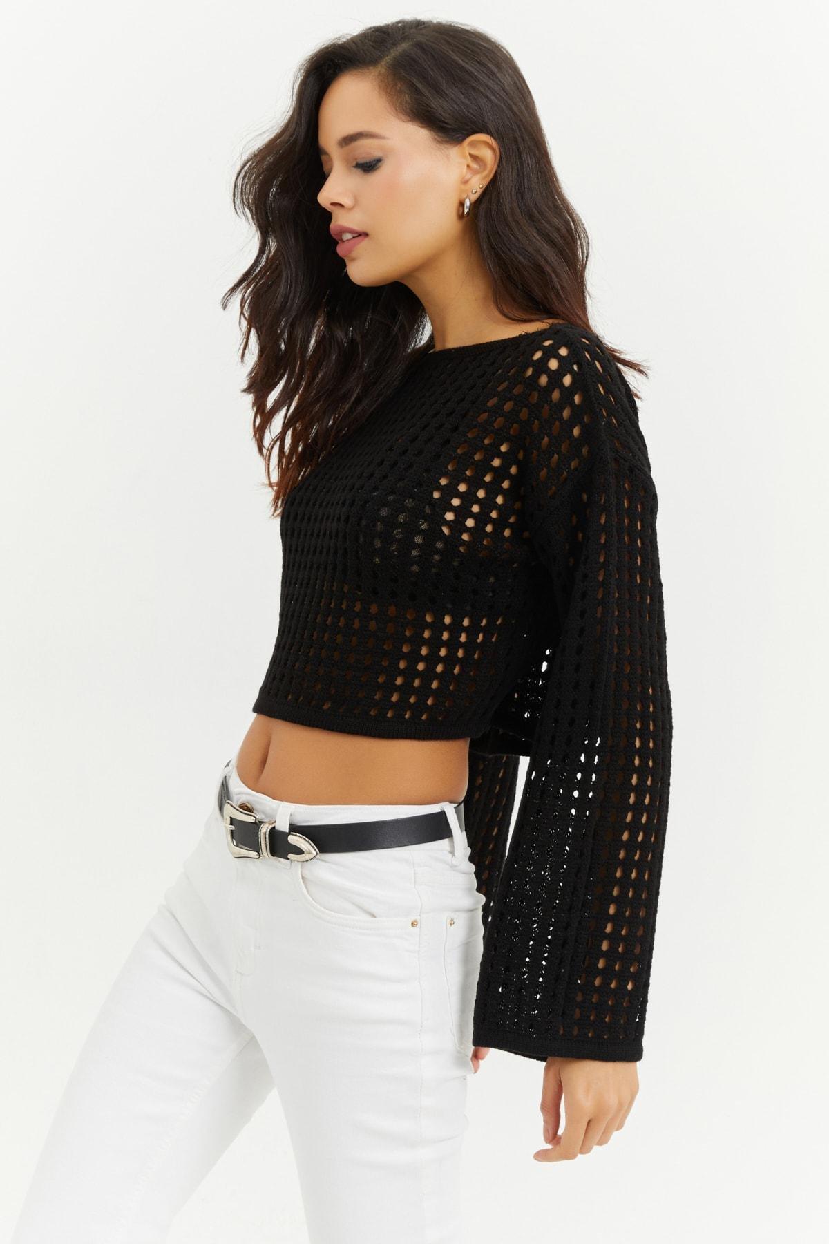 Black Acrylic Basic Blouse, BLACK, large image number 2