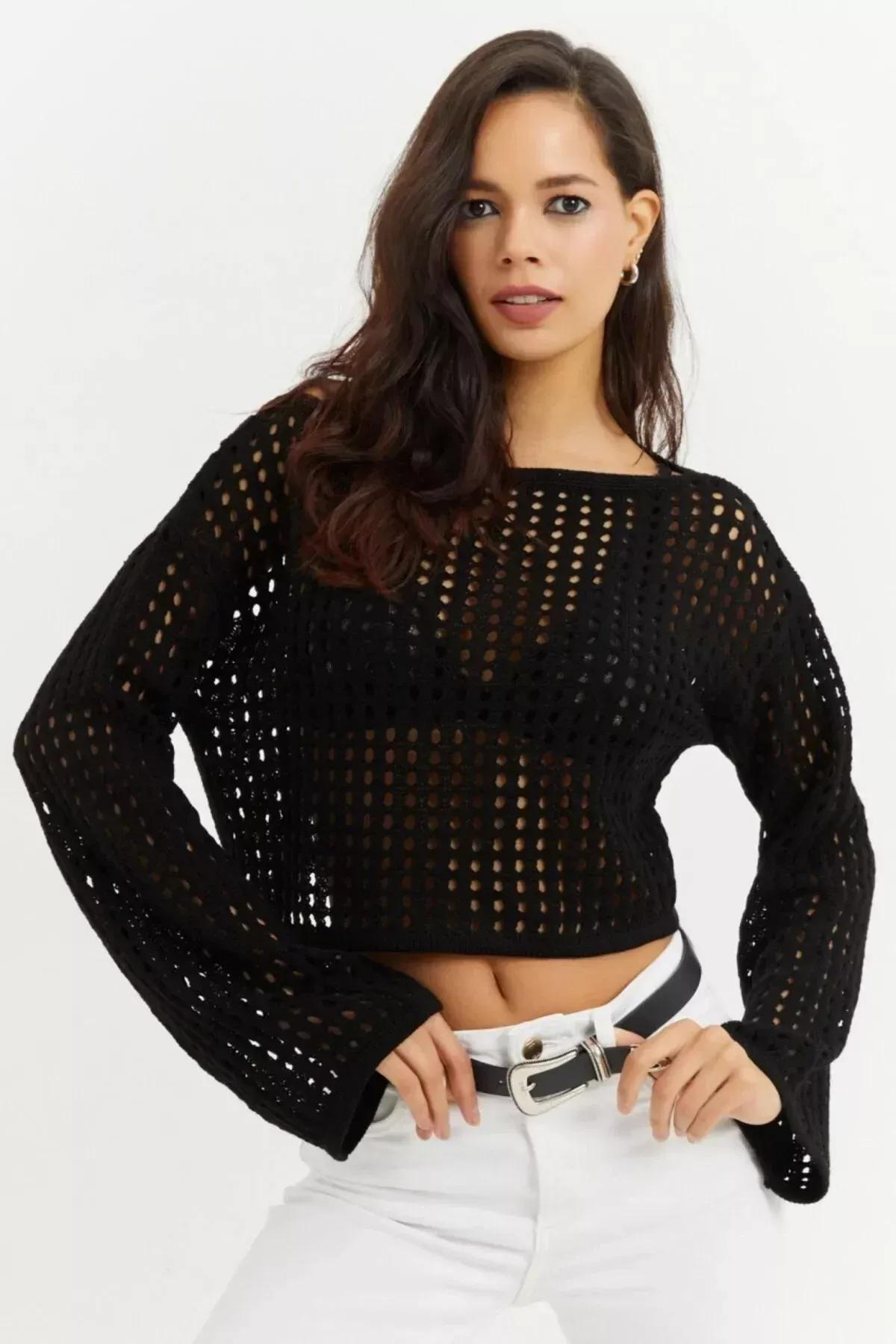 Black Acrylic Basic Blouse, BLACK, large image number 3