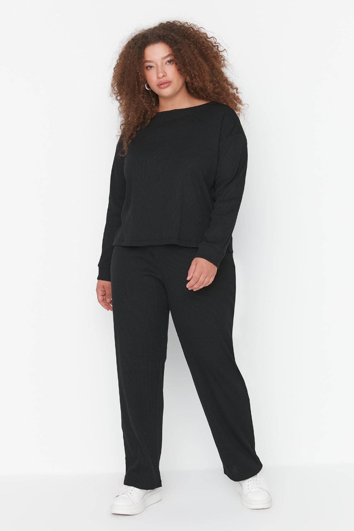 Black Crew Neck Plus Size Pajama Set, , large image number 0