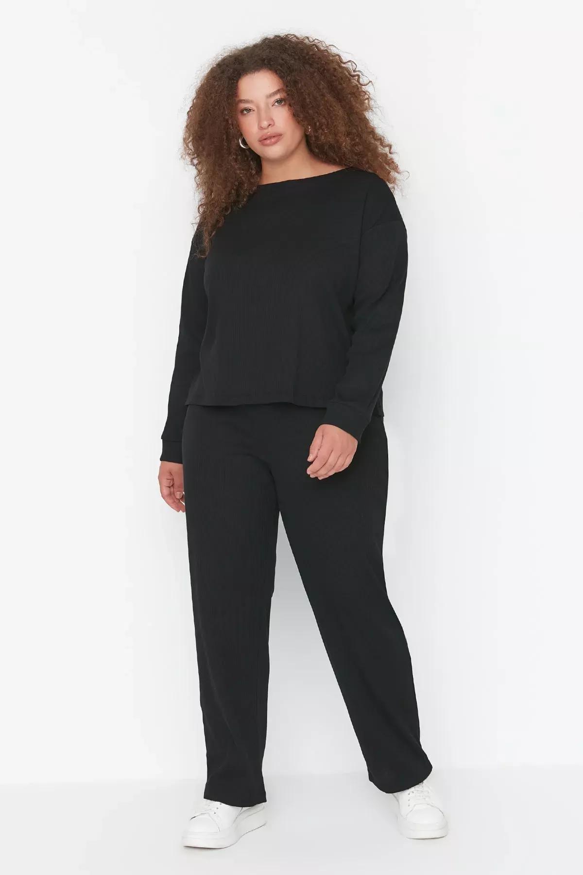 Black Crew Neck Plus Size Pajama Set, Black, large image number 0